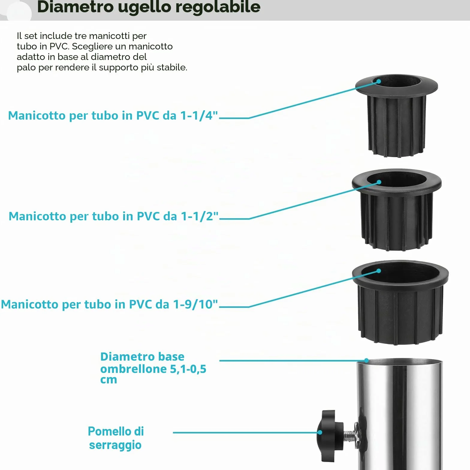 SLIIMU Accessori per Basi di Ombrelloni, Telaio Universale per Ombrelloni (Ø 58 mm), Base in Tubo di Ferro Zincato, con 3 Raccordi in Acciaio Inossidabile