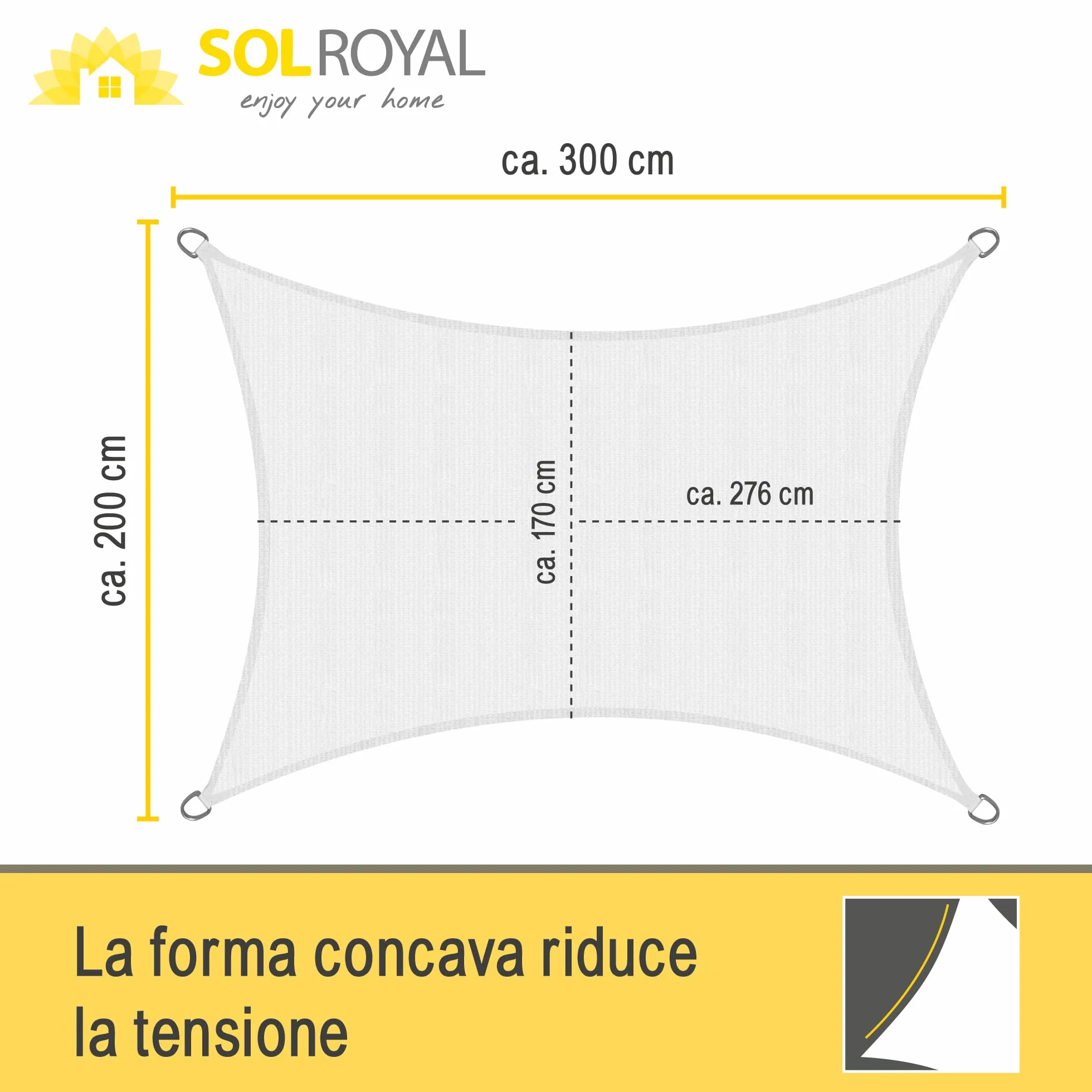 Sol Royal Tenda a Vela Ombreggiante Rettangolare 2x3 m HDPE SolVision HS9 - Vele Parasole da Giardino Traspirante Protezione Parasole e Raggi UV - Tendone Tende Bianco 200x300 cm