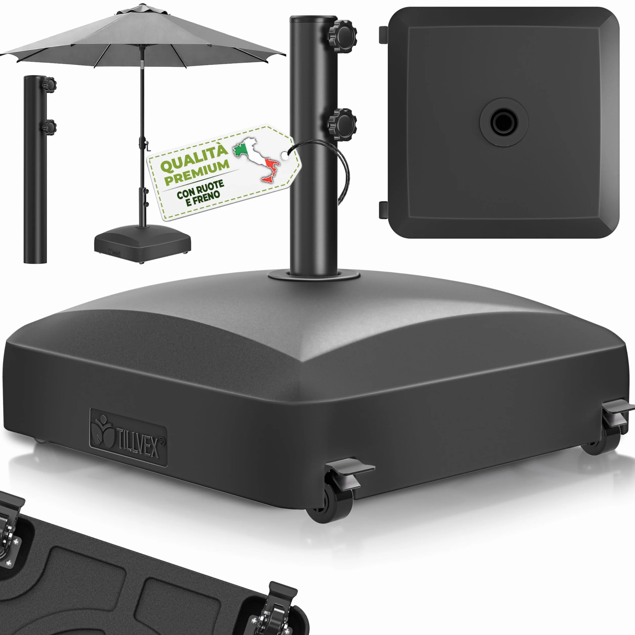 tillvex® Base per ombrellone PAVERA e Ruote e Freni | Zavorra ombrellone riempibile 37L/56kg | Piedistallo per ombrelloni Giardino e Mercato Ø1,8-3,7m | Resistente a intemperie e UV (Nero)