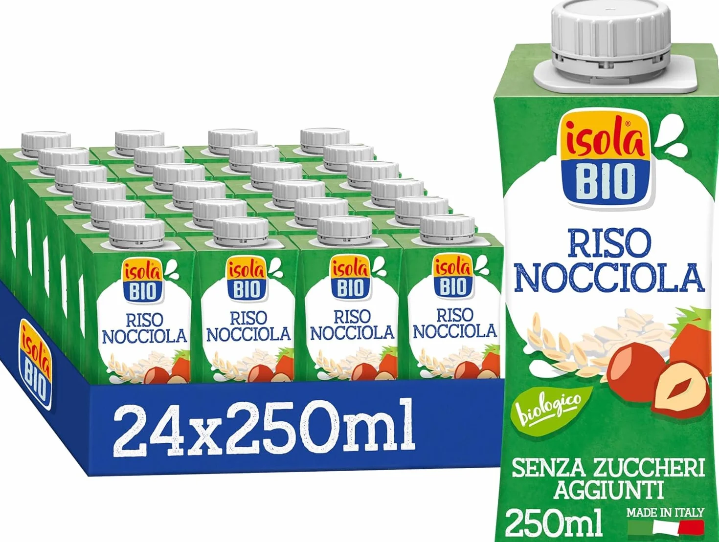 ISOLA BIO Riso Nocciola Mini, Bevanda Biologica a Base di Riso e Nocciole, 100% Ingredienti Naturali, Senza Glutine, a Basso Contenuto di Grassi, per Vegetariani e Vegani, 24 Confezioni da 250 ml