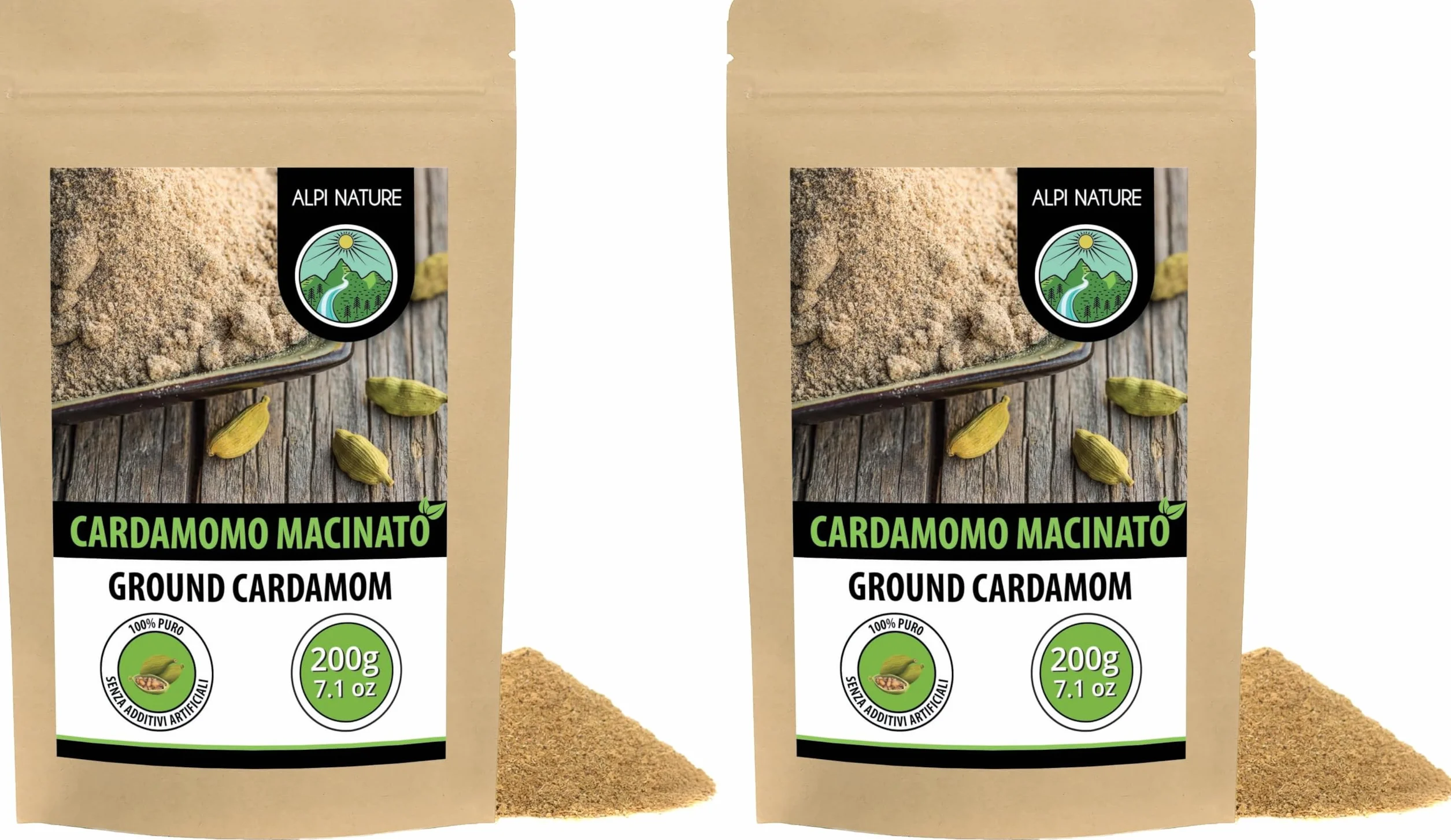 Alpi Nature Cardamomo in Polvere 200g, Cardamomo Verde Bacche Macinati per Cucina e Pasticceria (Confezione da 2)