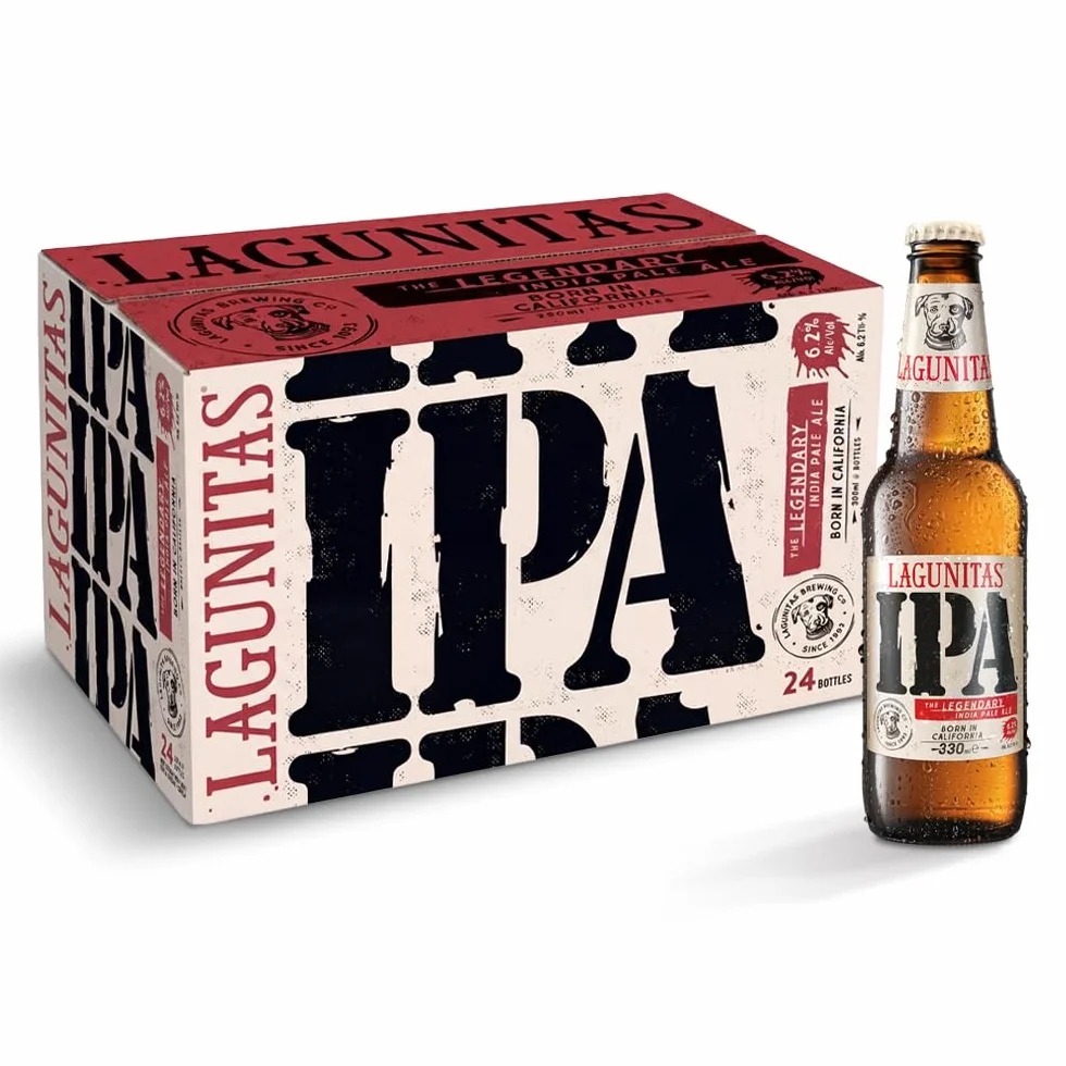 Birra Lagunitas IPA, Cassa con 24 Bottiglie da 33cl, Birra IPA ad Alta Fermentazione, Gusto Connotato da un Mix Pulito di Agrumi Rinfrescanti, Caramello Dolce e un Gradevole Amaro, Gradazione 6,2% Vol