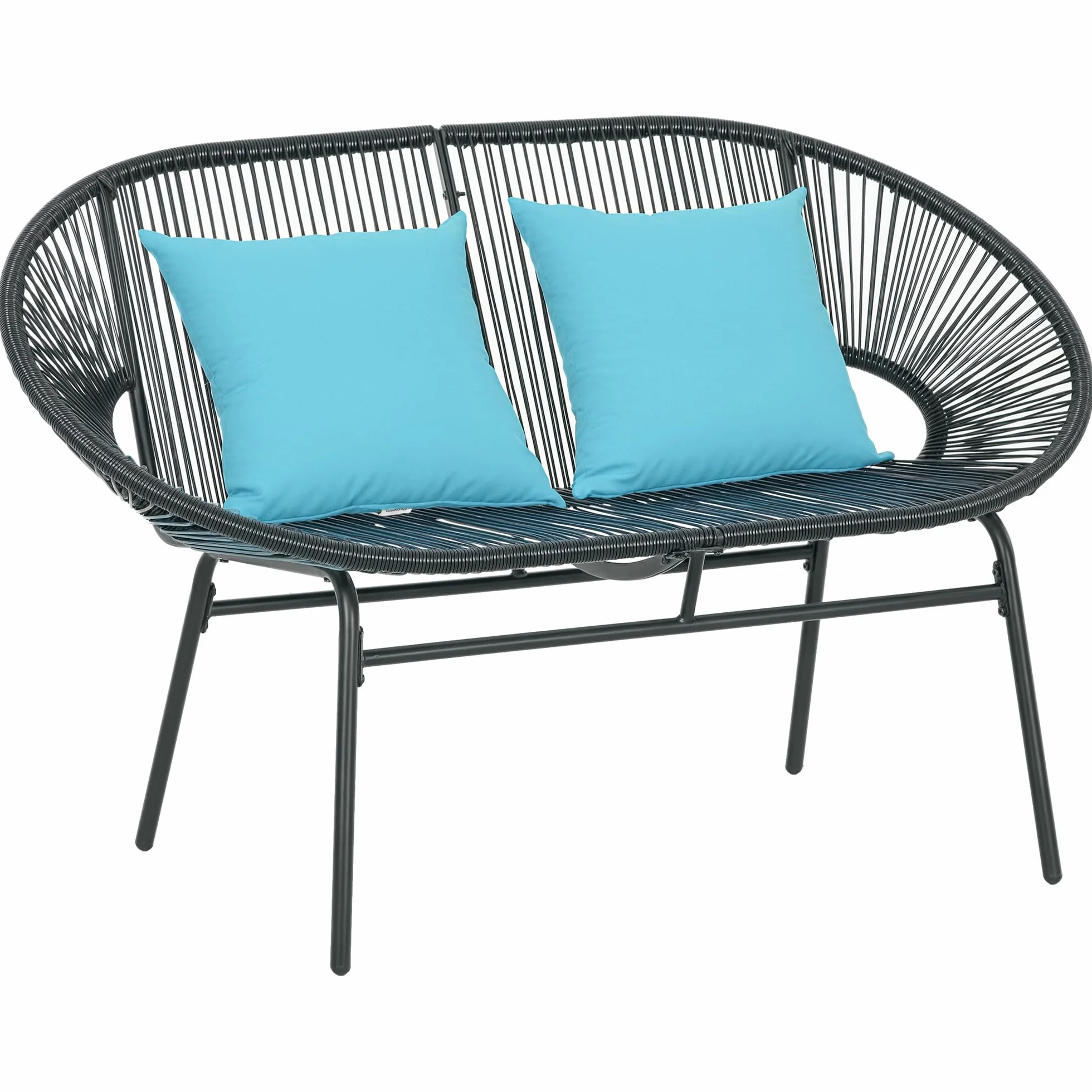 Outsunny Divano da Giardino 2 Posti in Rattan PE, Divanetto da Esterno con Cuscini, Braccioli e Telaio in Acciaio, Panchina da Esterno, per Terrazza e Cortile, 132x72x83 cm, Nero