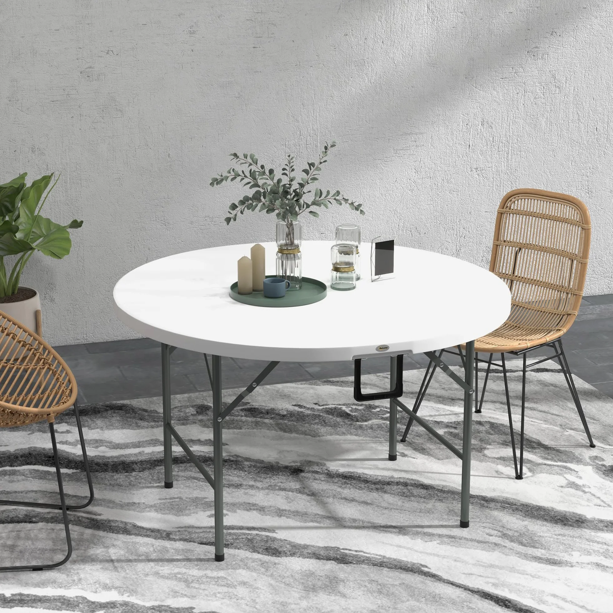 Outsunny Tavolo Pieghevole per Giardino, Balcone e Campeggio, Tavolo Rotondo in Acciaio e HDPE, Ø122x73 cm, Grigio e Bianco
