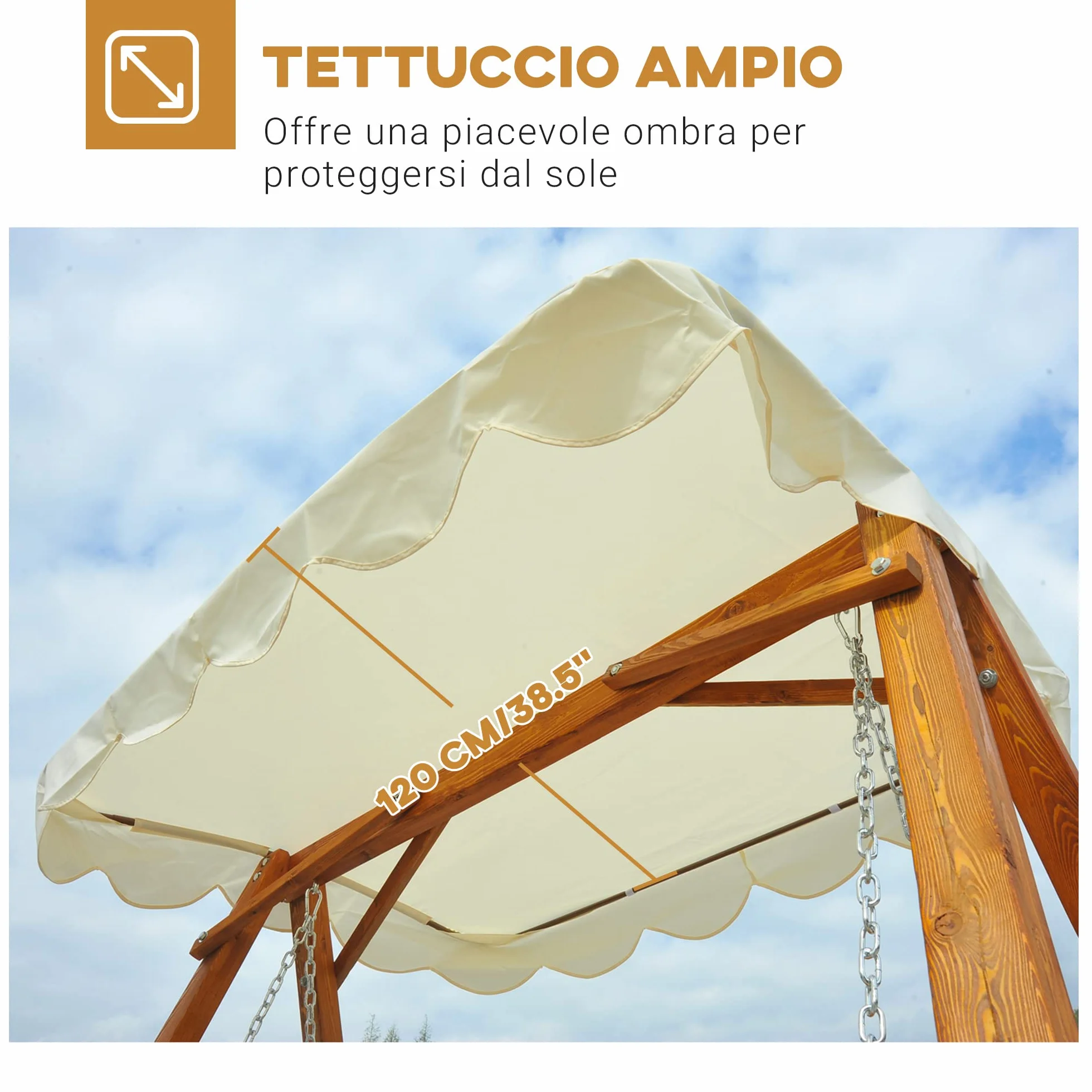 Outsunny Dondolo da Giardino Stile Classico Legno Massello di Pino Conforme alle Norme di FS Tettuccio Parasole in Tessuto di Poliestere con Rivestimento di PA 162x130x185cm 240kg