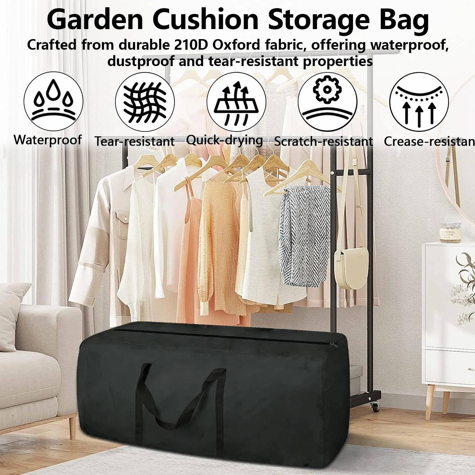 Borsa per Cuscini da Giardino, Borsa Porta Cuscini da Giardino, Porta Albero di Natale, Sacco Albero di Natale, in Tessuto Oxford 210D Resistente ai Raggi UV con Maniglie Rinforzate Nero