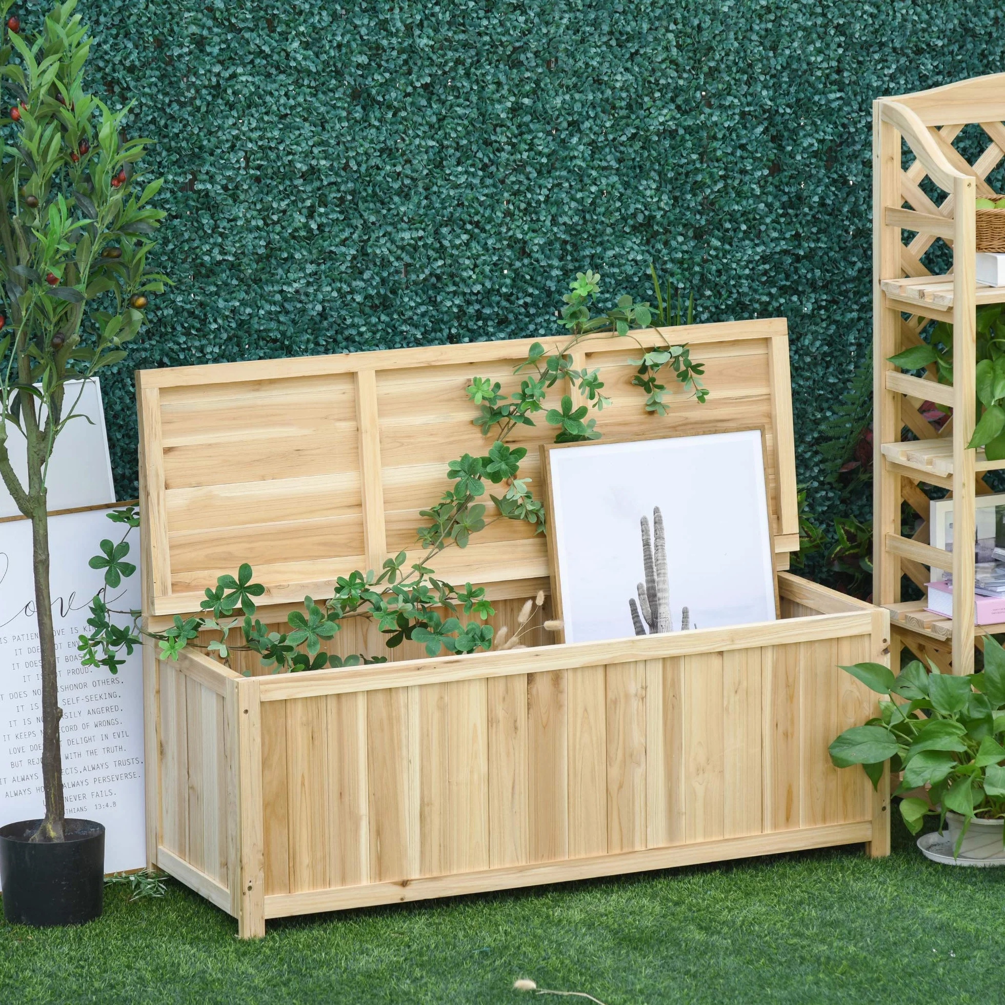 Outsunny Panca Contenitore da Esterno in Legno di Abete Naturale con Schienale per Giardino e Terrazza, 115x45x75cm