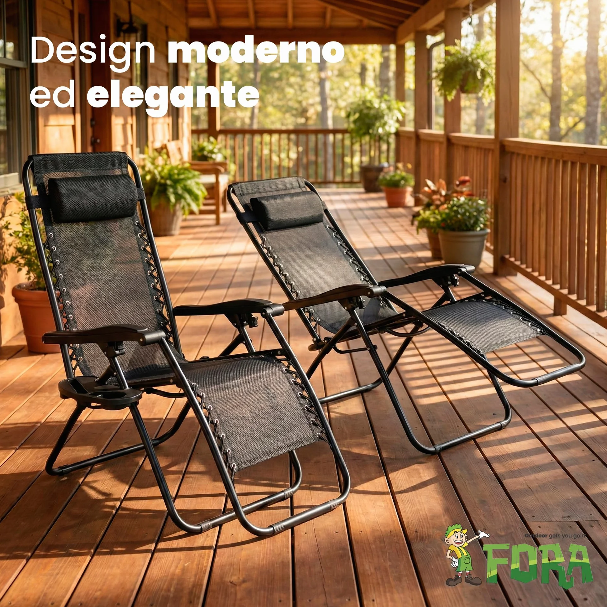 FORA Set 2 Sdraio da Giardino Pieghevoli – 176×67×110 Cm, Tubo 25mm e Tessuto Traspirante, Nero, Reclinabili Con Blocco di Sicurezza, Cuscino Incluso, Chiusura Rapida, 120 Kg