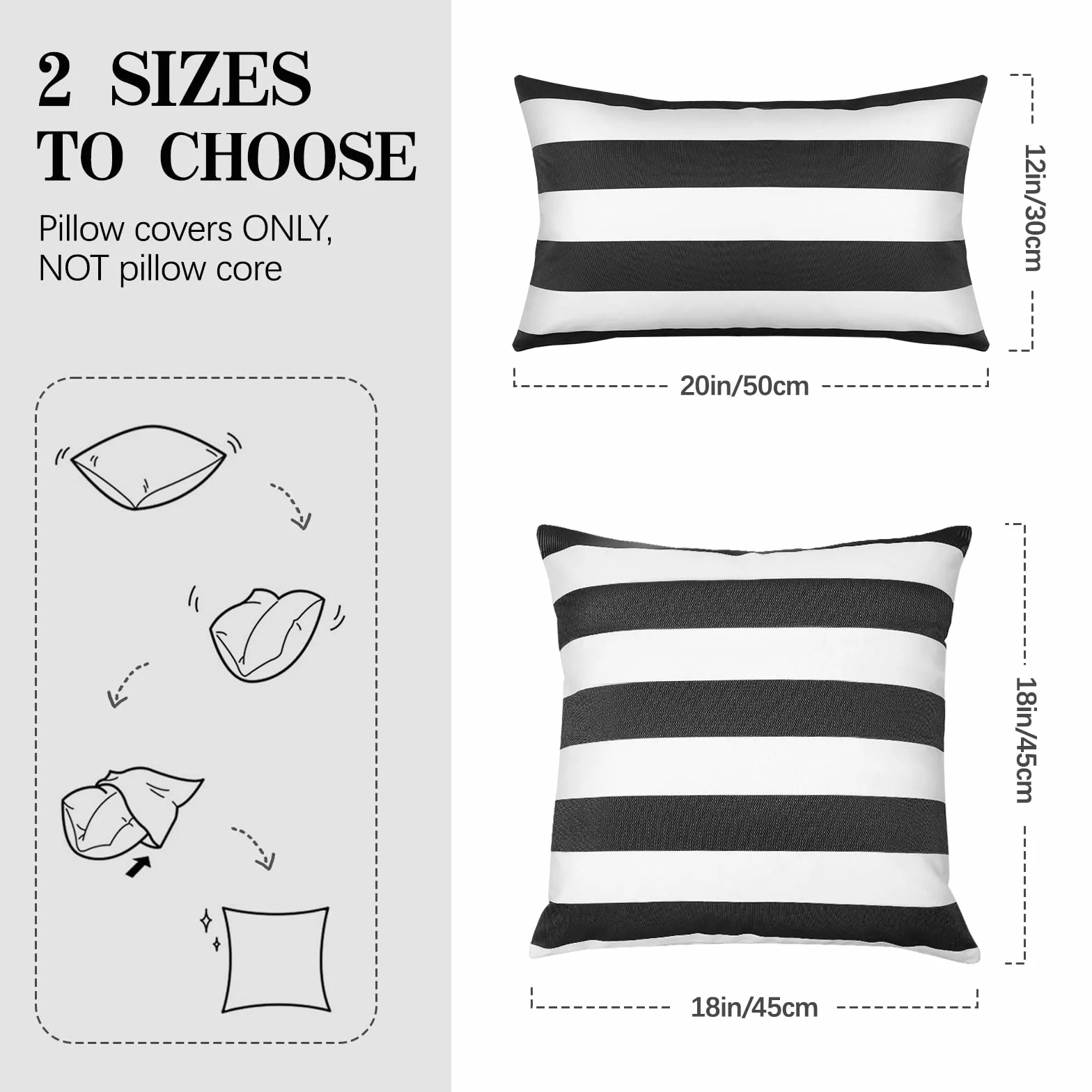 Lewondr Fodere Impermeabili per Cuscini da Esterno, 2 Pezzi Fodera per Cuscino a Righe Rettangolare per Divano da Esterno Veranda Casa di Campagna Giardino Balcone, 30X50cm, Nero Grigio + Bianco