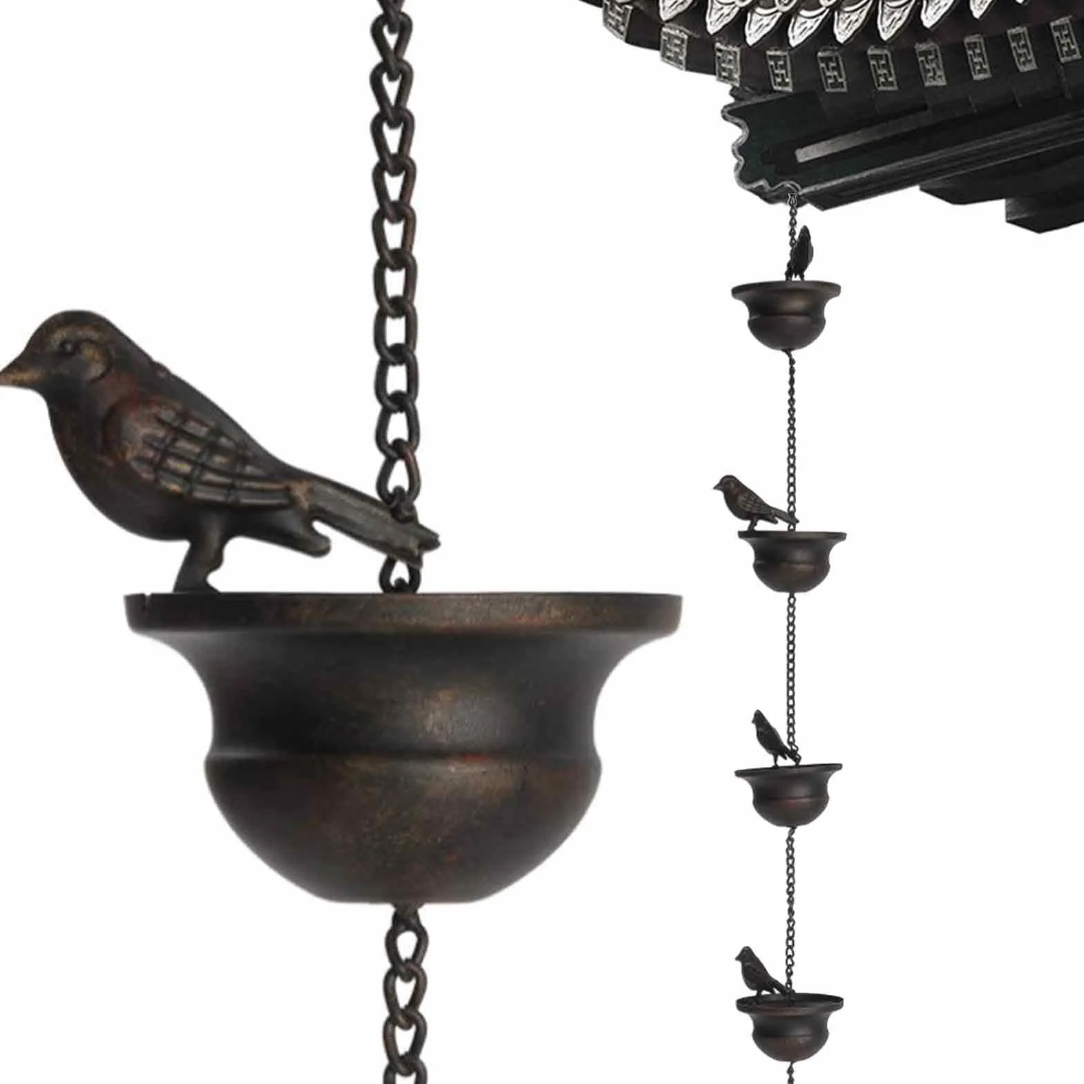 Catene Antipioggia per Grondaie, Uccelli su Tazze Grondaia Pluviale Mobile, Catene da Pioggia per Esterni, in Metallo, Campanelli da Pioggia con 8 Uccellini per Deviare L'acqua, Lunghezza 2,4