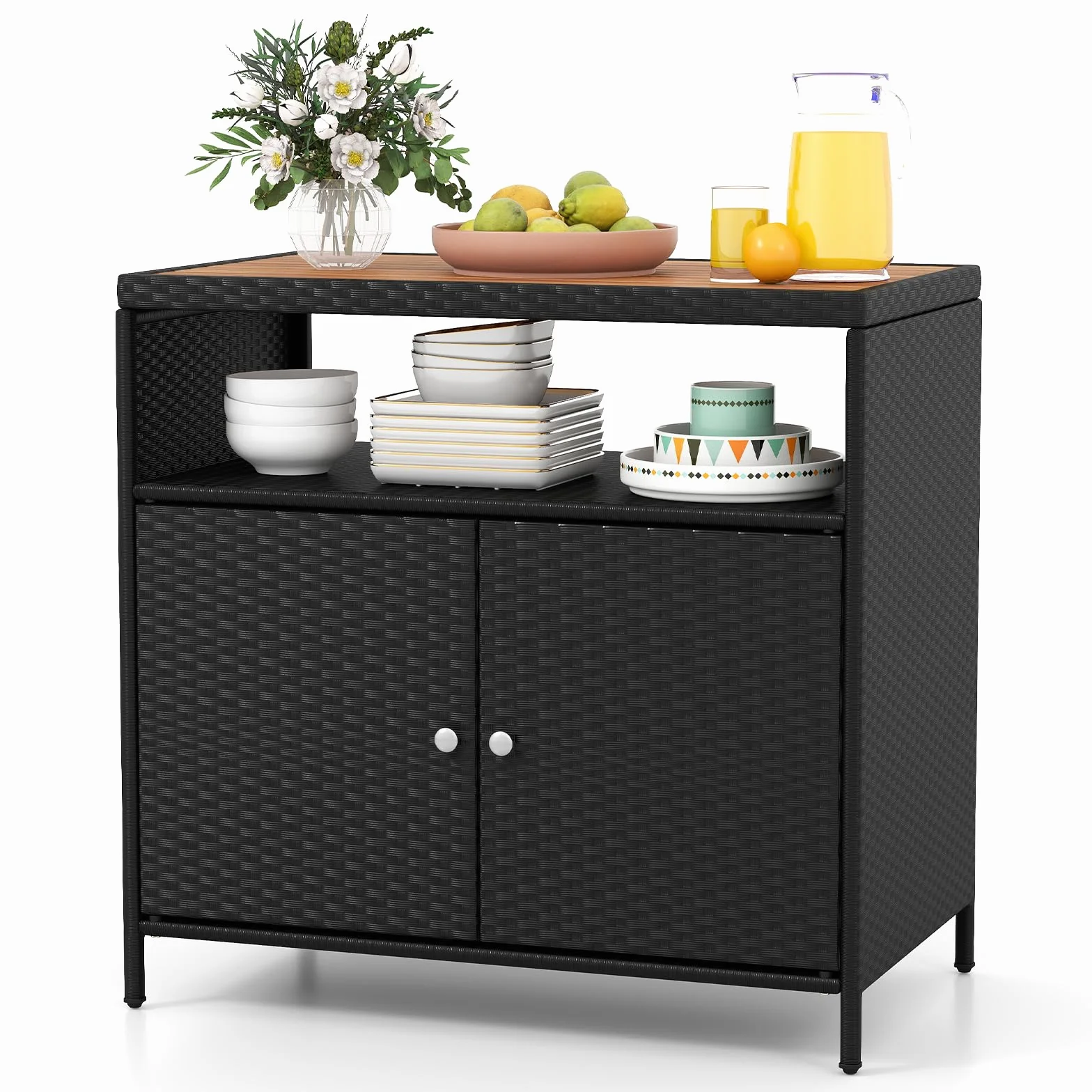 GIANTEX Armadietto da Giardino in Rattan con Piano di Lavoro e Scaffale, Ideale per Esterni, Giardino, Balcone e Piscina, 90 x 53 x 66 cm