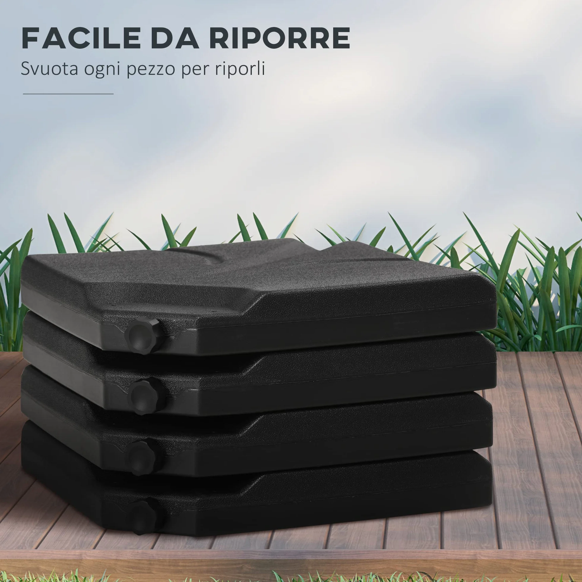 Outsunny Base per Ombrellone in Plastica HDPE da 4 Pezzi, Riempibili con Acqua e Sabbia Fino a 18kg, 103x103x8.3 cm, Nero