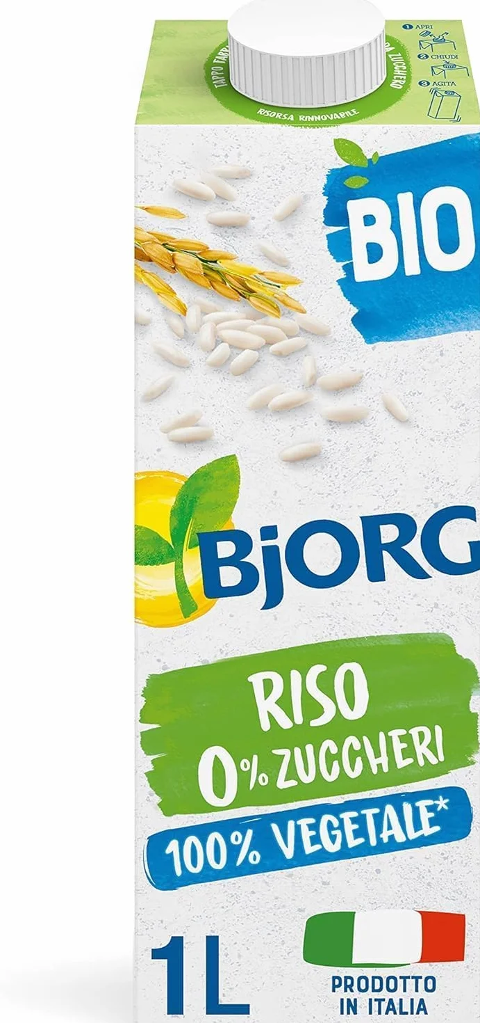 BJORG Bevanda di Riso Biologico 0% Zuccheri, Bevanda Vegetale a Basso Contenuto di Grassi, 100% Ingredienti di Origine Vegetale, Senza Glutine, Vegan, Prodotto in Italia, 1L