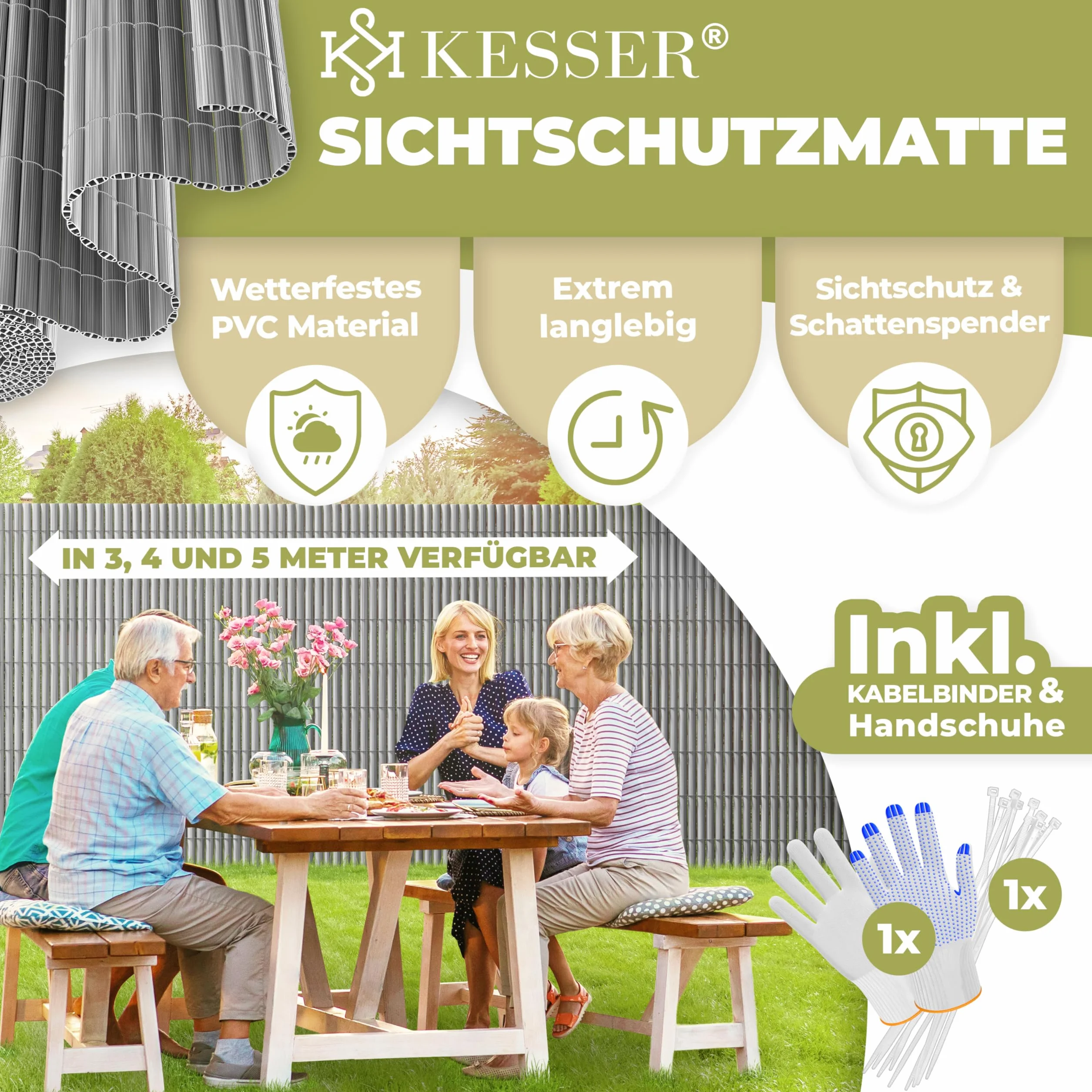 KESSER® - Recinzione frangivista in PVC per esterni, 120 x 400 cm, copertura per balcone, protezione dal vento, lamelle rinforzate per balcone e terrazza, con fascette, copertura e guanti, colore