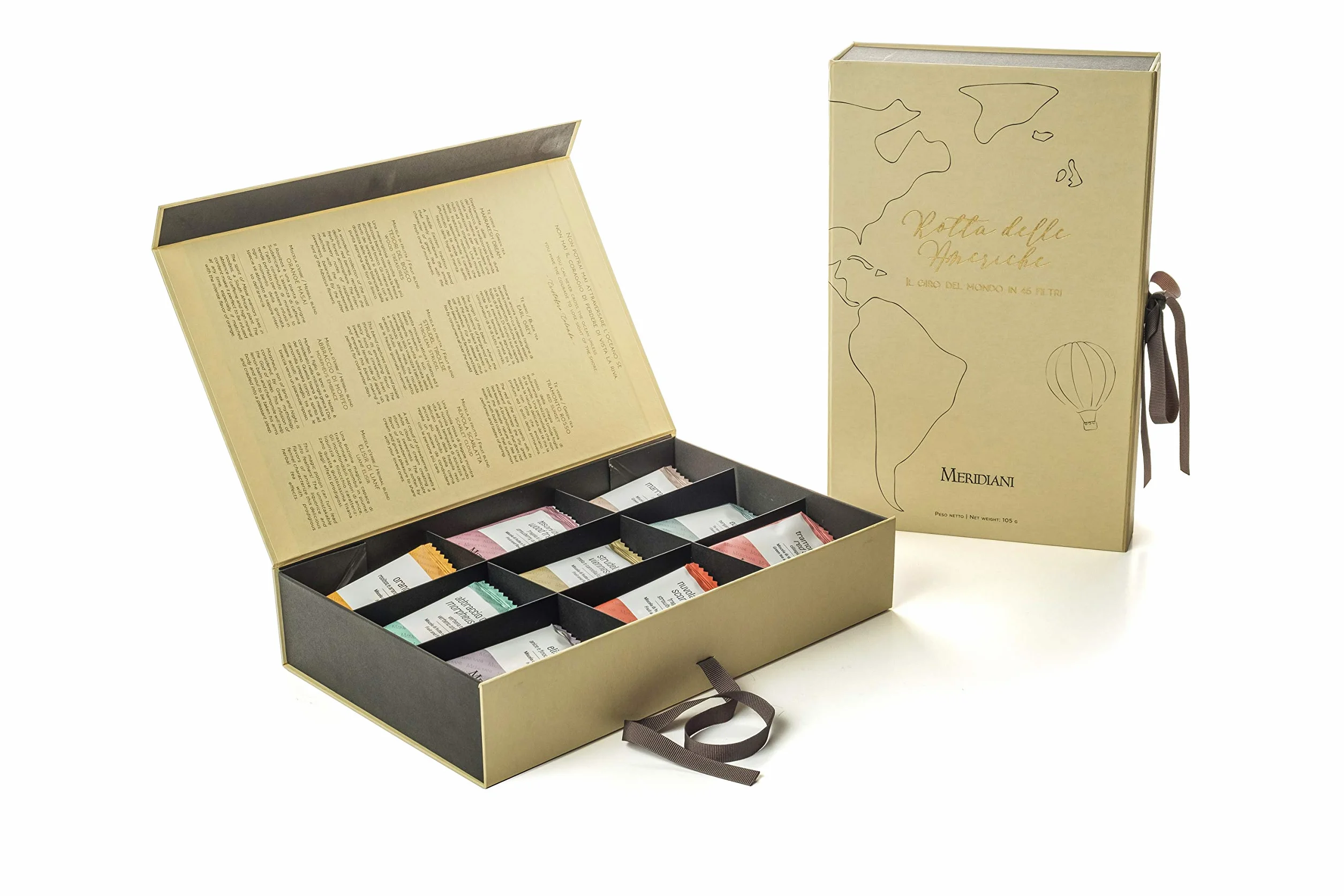 Meridiani Confezione Regalo 'La Rotta delle Americhe' - 45 Filtri Assortiti di T, Infusi e Tisane in Filtro Bio - Scatola da Esposizione 30 cm x 19.3 cm x 6.1 cm