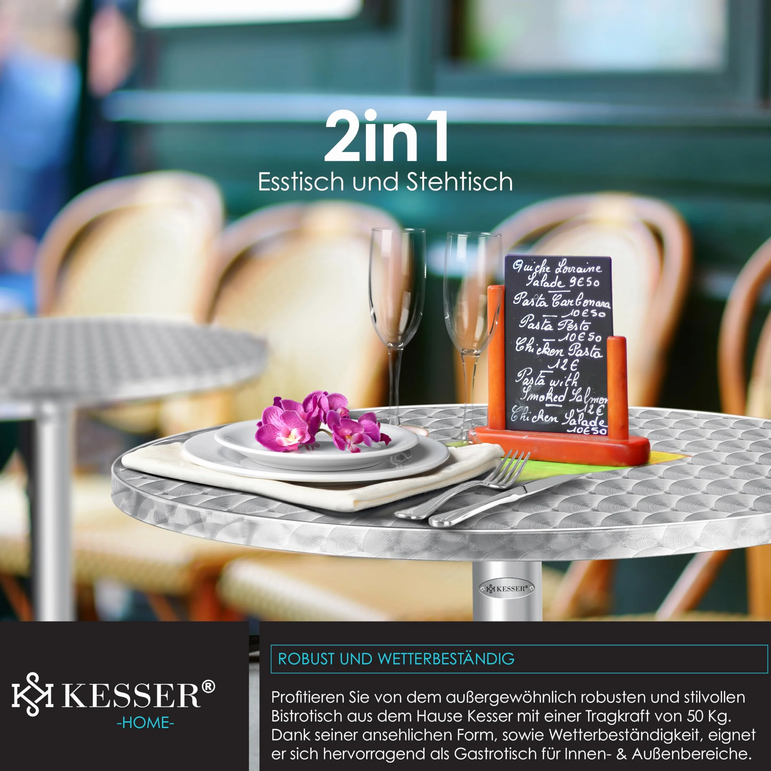 KESSER Tavolo da bistrot pieghevole 2 in 1, set da 2 pezzi, piastra in alluminio in acciaio inox, altezza 70 cm/115 cm, diametro 60 cm, tavolo da ricevimento per interni ed esterni, tavolo pieghevole