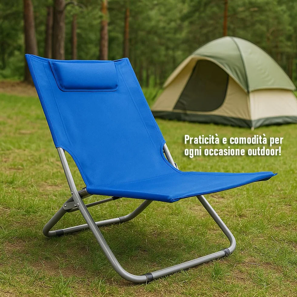 SACAR Spaggina Serena Maxi Pieghevole – Struttura in Ferro Ø22 mm e Perno in Acciaio – Rivestimento in Poliestere con Cuscino Integrato – Ideale per Spiaggia, Campeggio, Giardino, Parco (2 BLU)