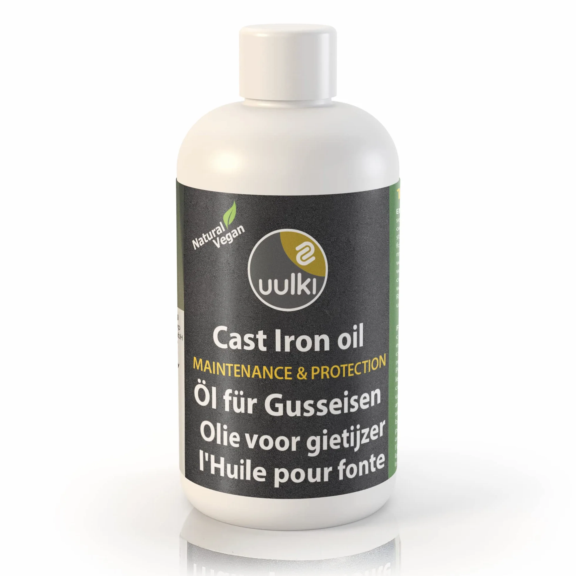 Uulki® Olio e Condizionatore per Ghisa - Per manutenzione di Pentole, Padelle, Griglie, Forni olandesi in ghisa - Protezione dalla Ruggine - 100% vegetale/Vegan ecologici (250ml)