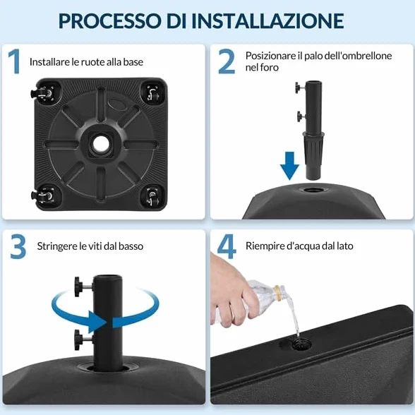Yaheetech Base per Ombrellone da Giardino con 4 Ruote Riempibile con Sabbia e Acqua 37L in HDPE e Metallo per Pali da Ø38mm e Ø48mm con 2 Manopole Picnic Prato Esterno Nero
