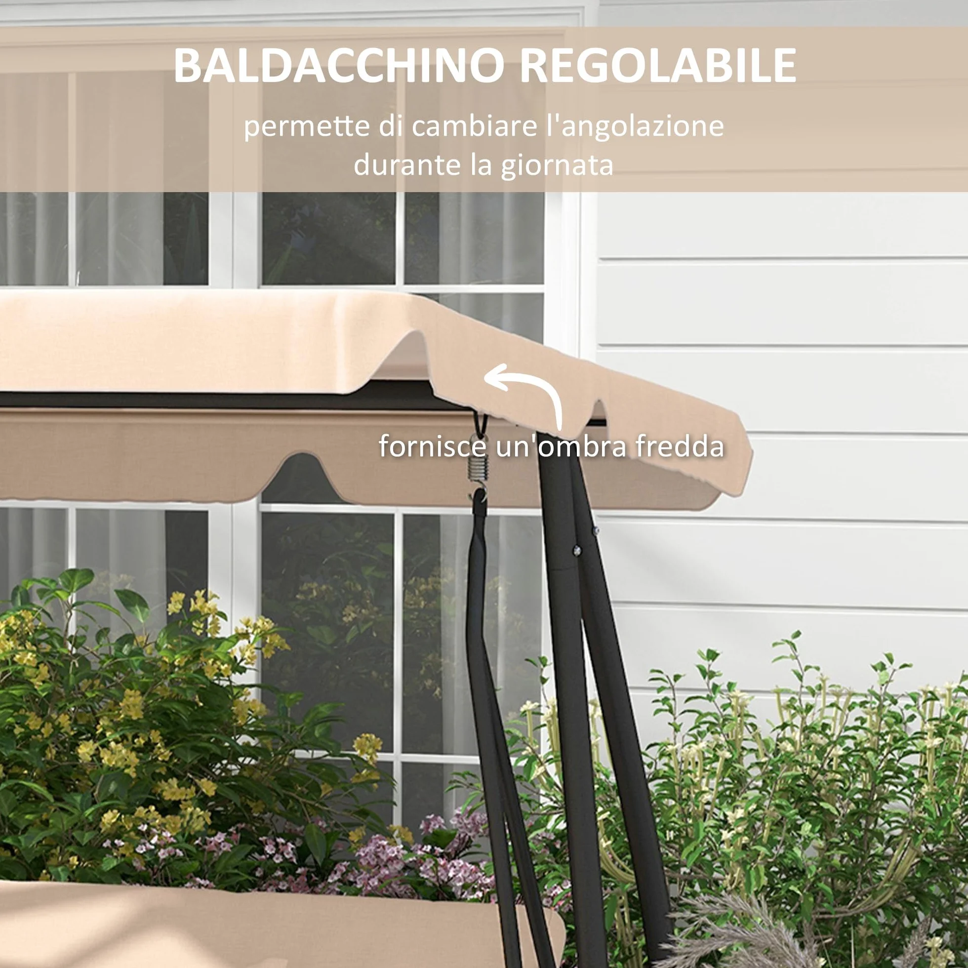 Outsunny Dondolo da Giardino 3 Posti Convertibile in Letto con Tetto Regolabile e Portabicchieri, Dondolo da Esterno in Acciaio e Poliestere, 200x120x164 cm, Marrone Chiaro