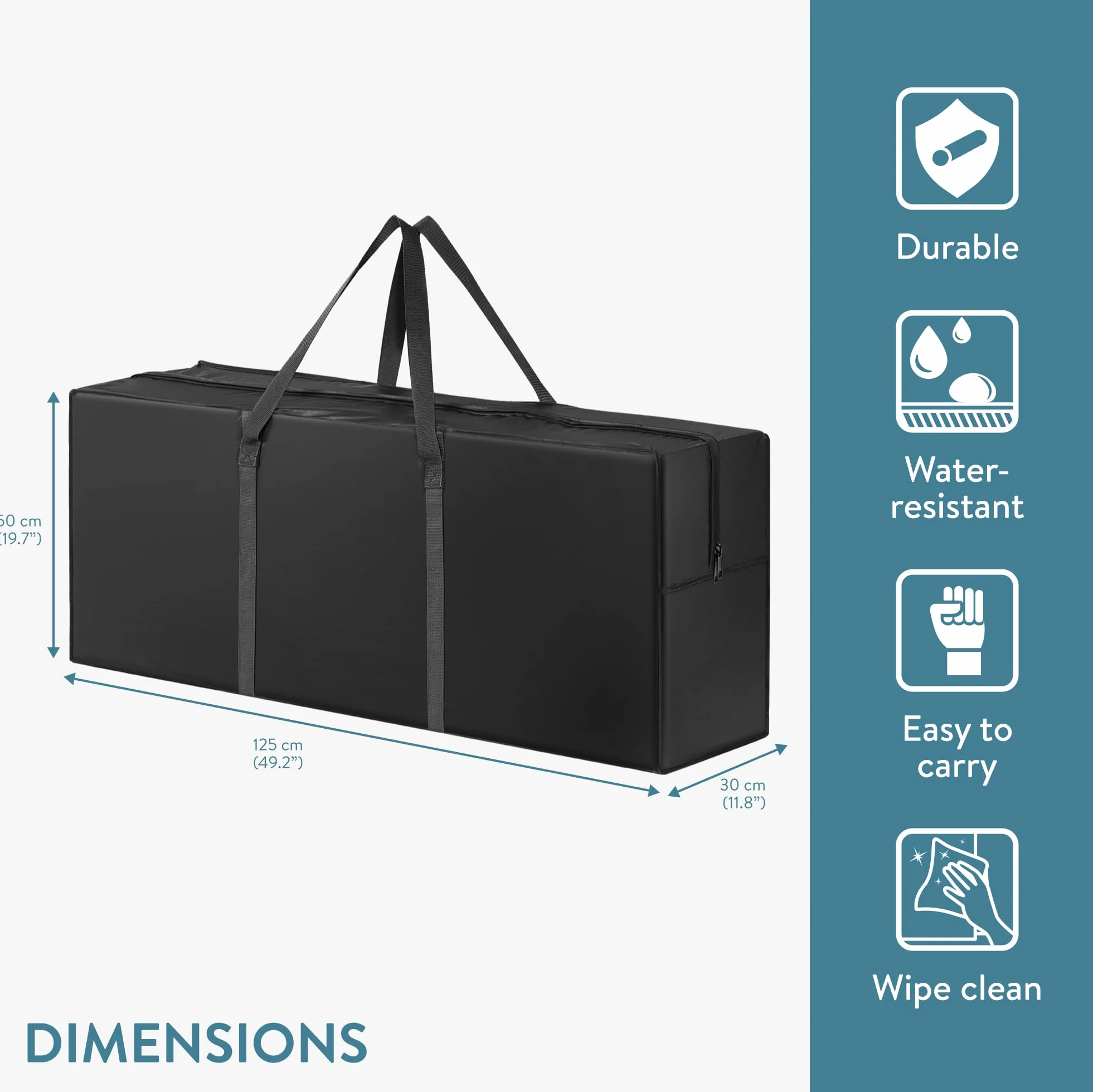 JEMIDI Porta Cuscini da Esterno - Borsa per Cuscini da Giardino - 125 x 30 x 50cm - Custodia Portaoggetti Accessori Mobili da Giardino - Contenitore con Manico e Cerniera - Nero