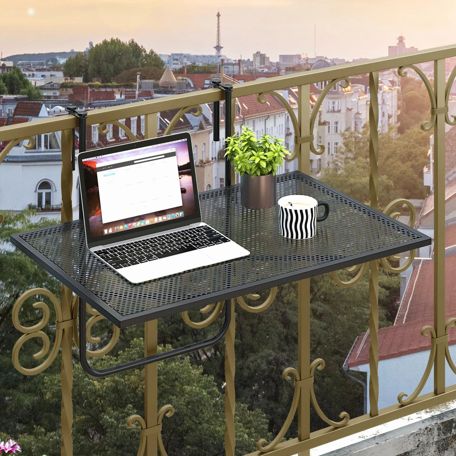 GIANTEX Tavolo da Balcone Appeso, Tavolo Pieghevole per Ringhiere fino a 6 cm di Spessore, Tavolino Salvaspazio per Ringhiere Esterne con Telaio in Metallo per Patio, Portico, Terrazza, Nero
