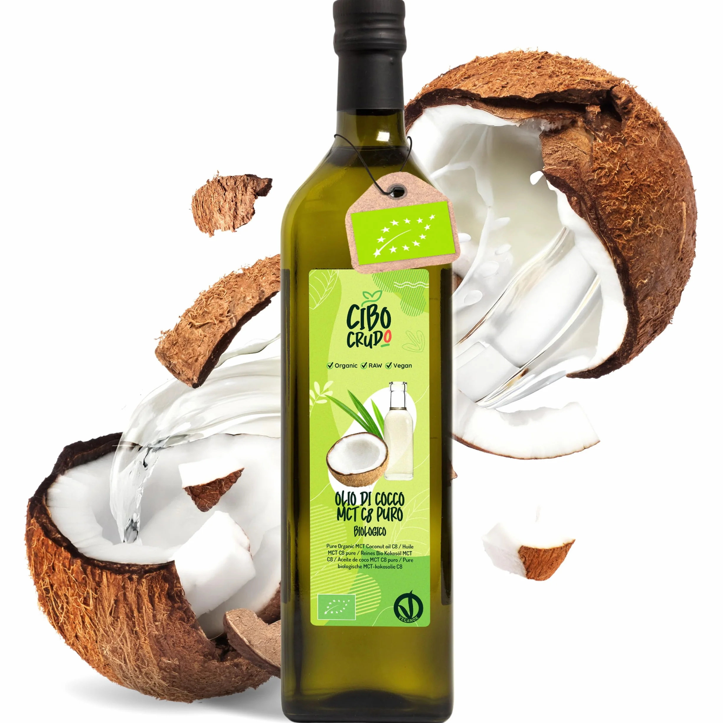 CIBO CRUDO crudo biologico vegan Olio MCT C8 Puro Biologico Spremuto a Freddo - 1LT. Olio di Cocco MCT Commestibile Bio e Puro per Keto Paleo o per Sso su Corpo e Capelli. Olio Vegano e Vegetariano.