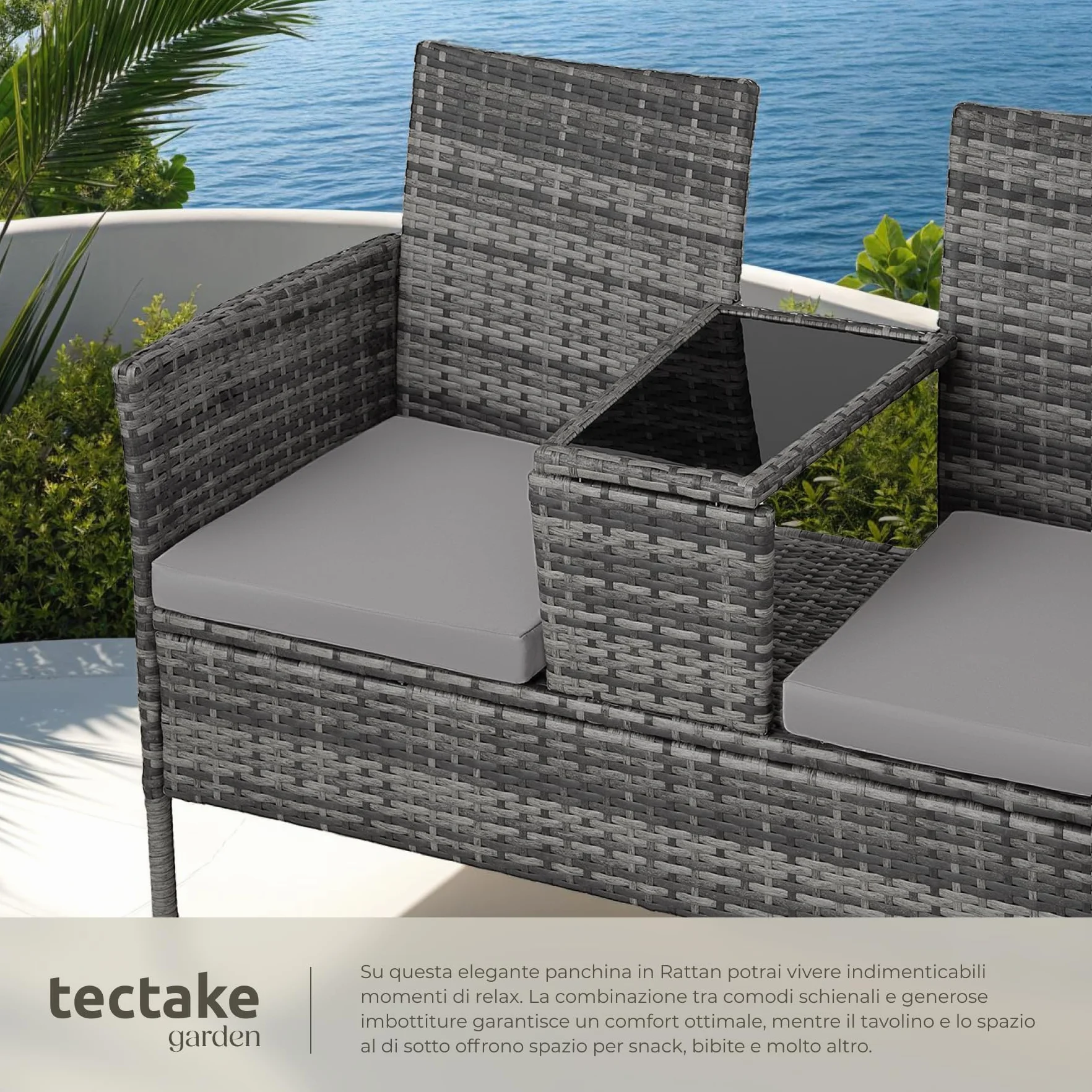 tectake® Panchina da Giardino in Polyrattan con Tavolino Integrato, 133x63x84 cm, Resistente Intemperie, Cuscino Seduta 6 cm, Set Panca da Giardino per 2, per Veranda, Balcone - Grigio/Grigio Chiaro