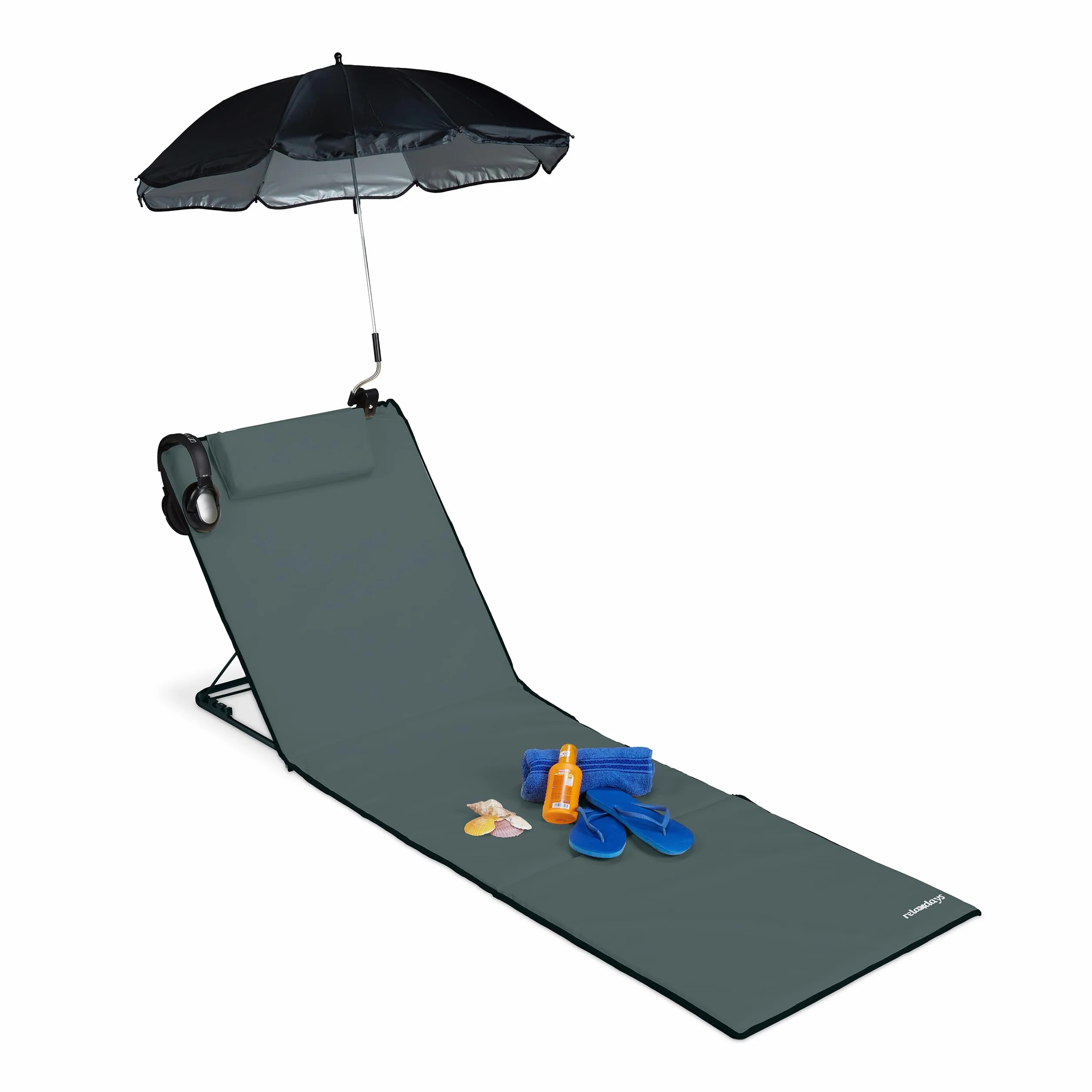 Relaxdays Materassino da Spiaggia, Lettino Imbottito XXL, Ombrellino, Regolabile, Cuscino&Borsa, Pieghevole, Antracite