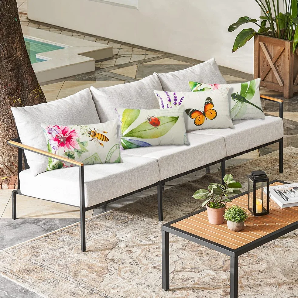 Artscope, confezione da 4 federe per cuscini impermeabili da 30x51 cm, decorative, per primavera, per esterni, patio, giardino, soggiorno, divano, decorazione rustica (insetti e piante)