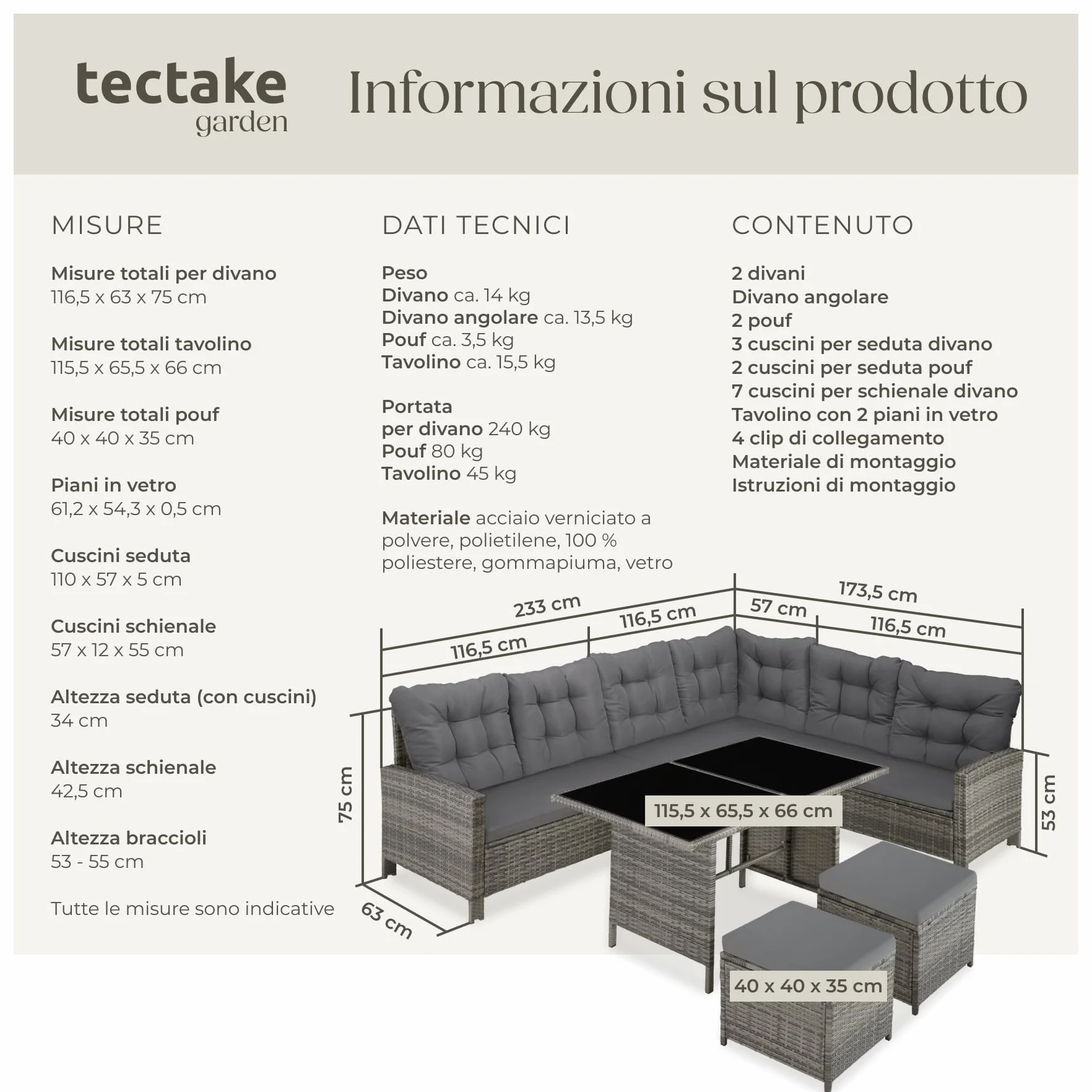 tectake® Set Salotto Rattan, Salotto da Giardino Esterno, Telaio Acciaio, Tavolino da Salotto 2 Piani in Vetro, Divani, Cuscini Relax, Sgabelli Poggiapiedi, Piscina, Giardino - Grigio Mélange/Grigio