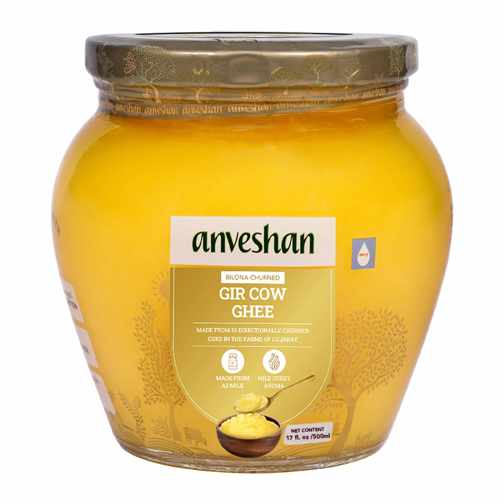 Ghee di mucca Anveshan Gir | 400 ml | Realizzato con metodo tradizionale Bilona | Senza glutine | Ricco di antiossidanti
