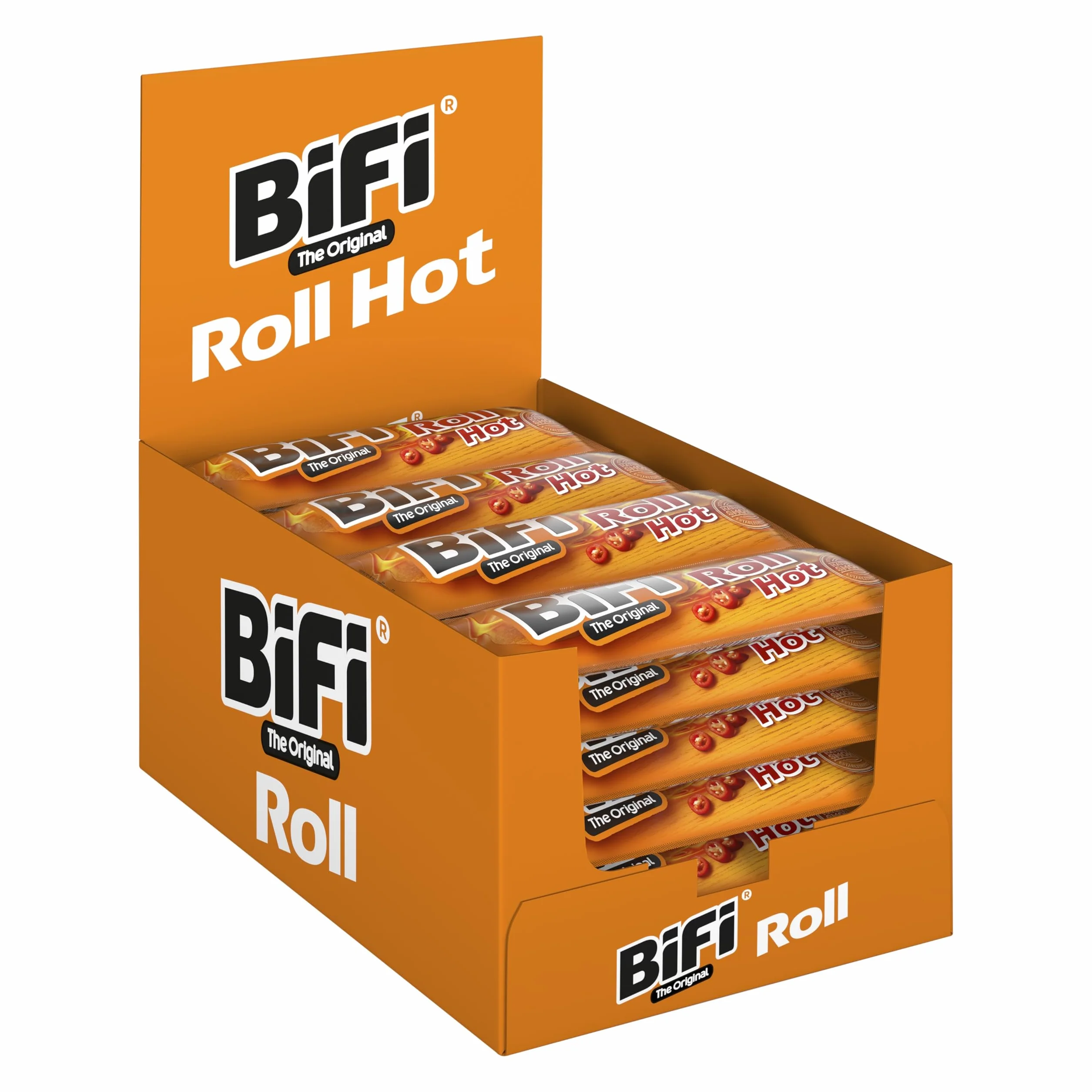 BiFi Roll Hot, Salamino Snack in Morbido Panino, Snack Piccante in Formato Tascabile, da Gustare in Viaggio, in Ufficio o Quando fai Sport, Con Peperoncino e Paprika, Confezione da 24 (24 X 45 g)