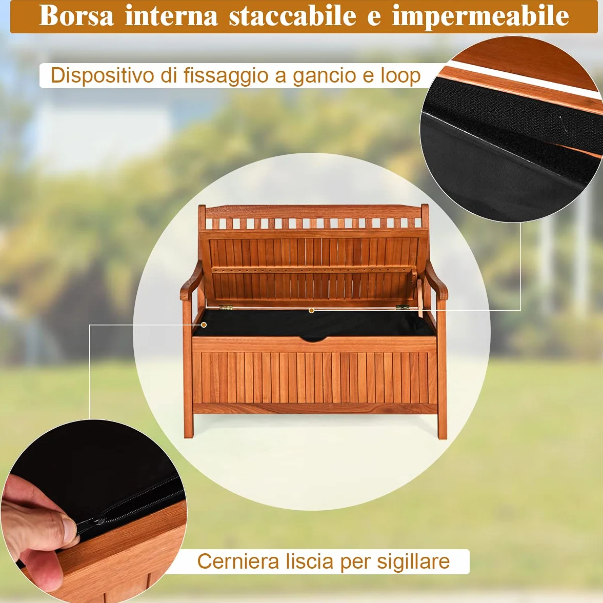 COSTWAY Panchina da Giardino con Contenitore di Legno, Cassapanca da Esterno 2 Posti con Strato Interno Impermeabile, per Cortile e Ingresso, Portata 360 kg, 107 x 59 x 90 cm (Modello 2)