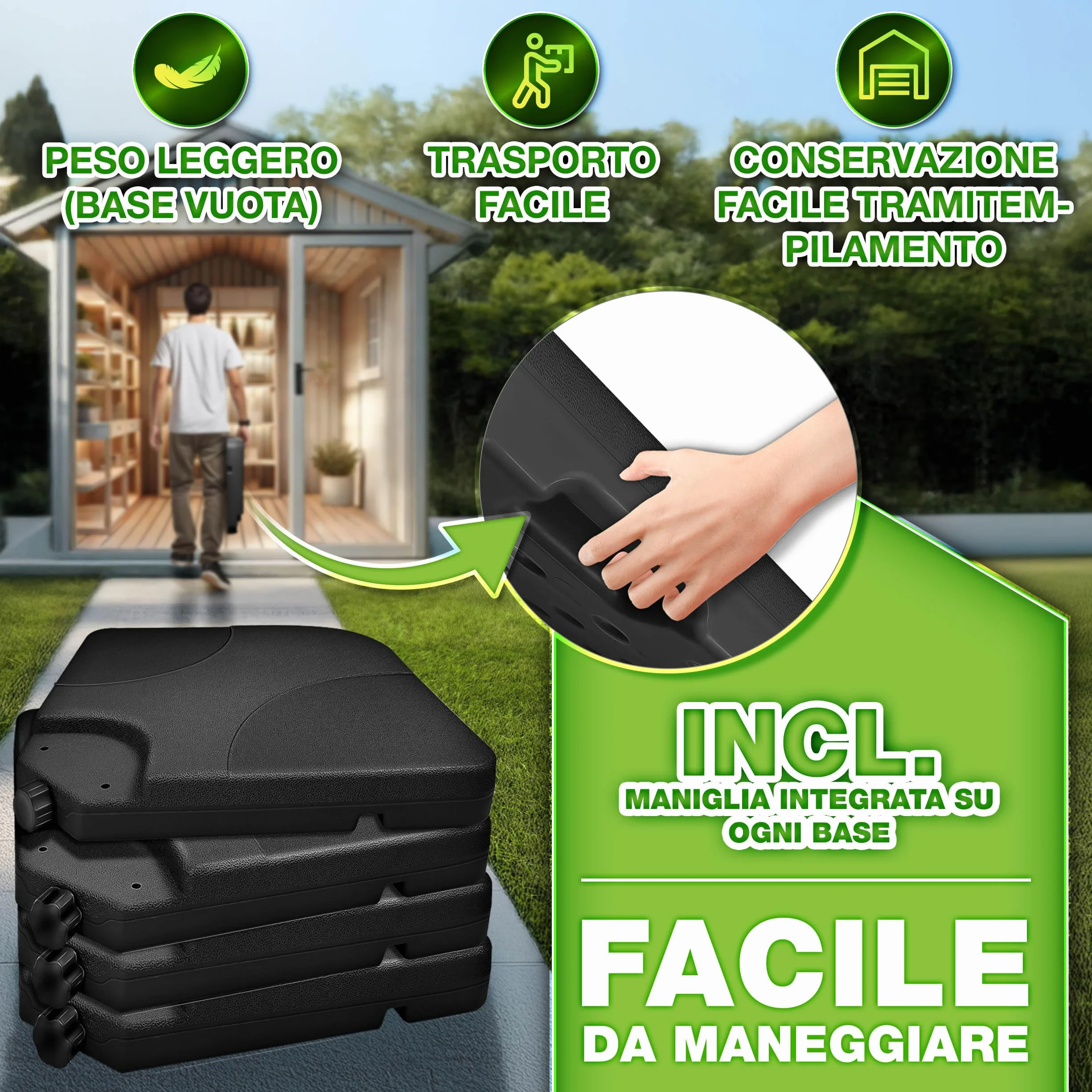 tillvex® Base per Ombrellone 60 Litri / 80 kg – 4 Pezzi per Ombrellone Decentrato con Connettore Metallico | Porta Ombrelloni Riempibile con Acqua o Sabbia | Supporto Ombrellone (Nero)