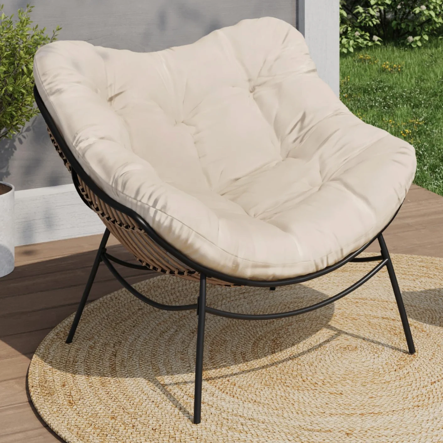 IDMarket - LOA, sdraio da giardino in rattan con cuscino ecrù