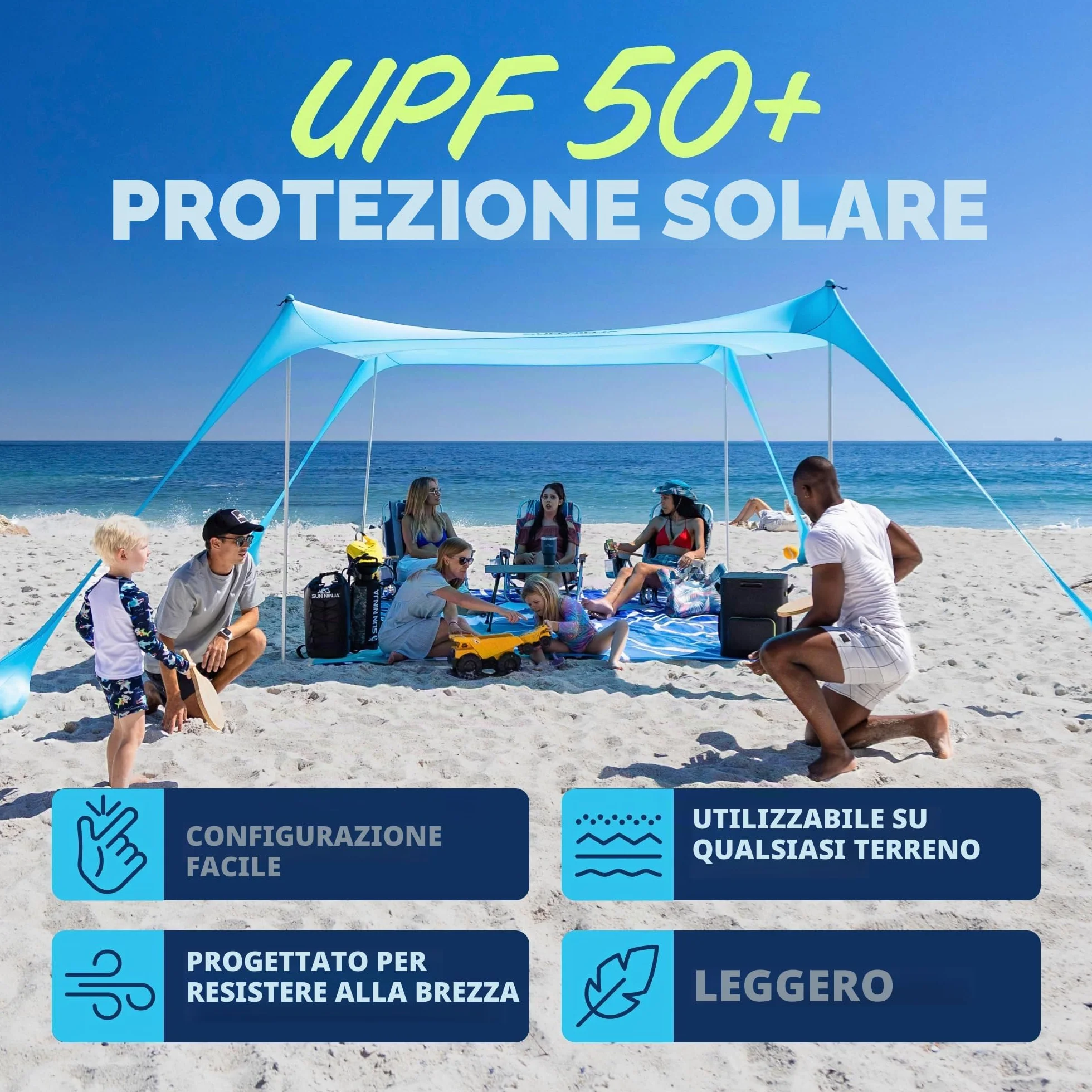 SUN NINJA Tenda da Spiaggia Portatile - Tenda da Sole per Mare - Parasole Pop Up Grande per Campeggio e Picnic - Protezione UV UPF 50+ - Borsa e Accessori Inclusi