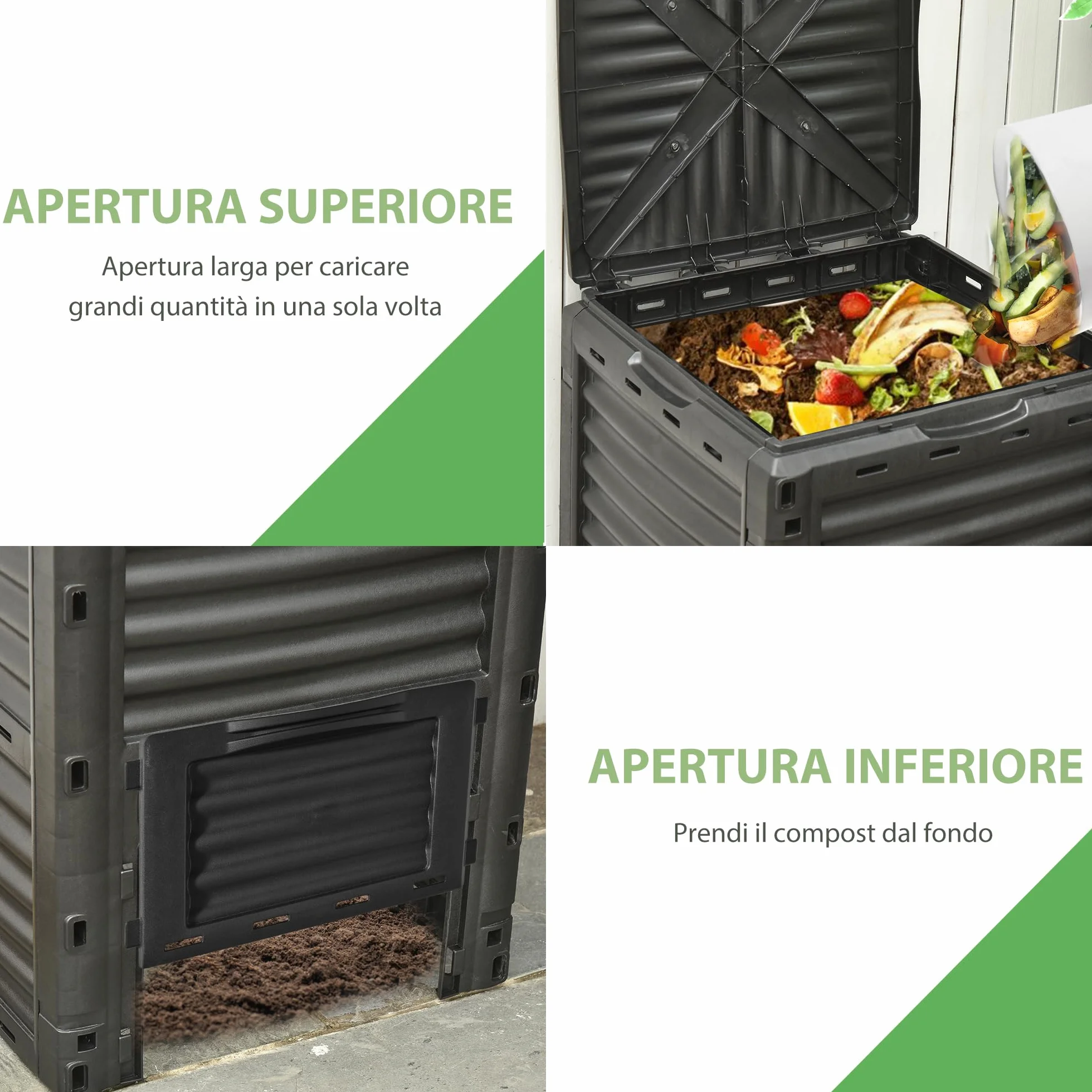 Outsunny Compostiera da Giardino 300L Plastica Nera con Coperchio a Incastro