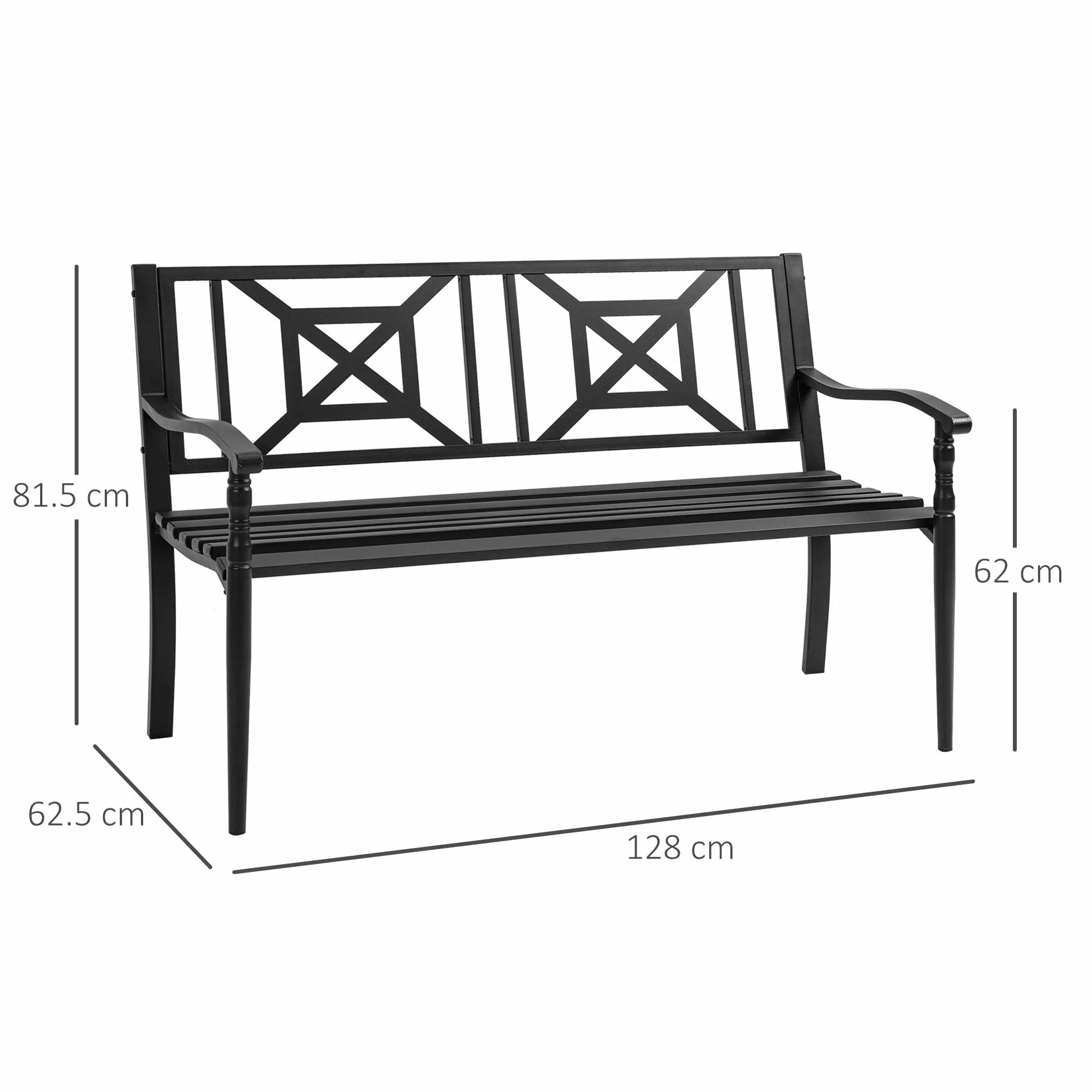Outsunny Panchina da Giardino in Acciaio per 2 Persone, Panchina da Esterno con Schienale Alto e Braccioli, 128x62.5x81.5 cm, Nero