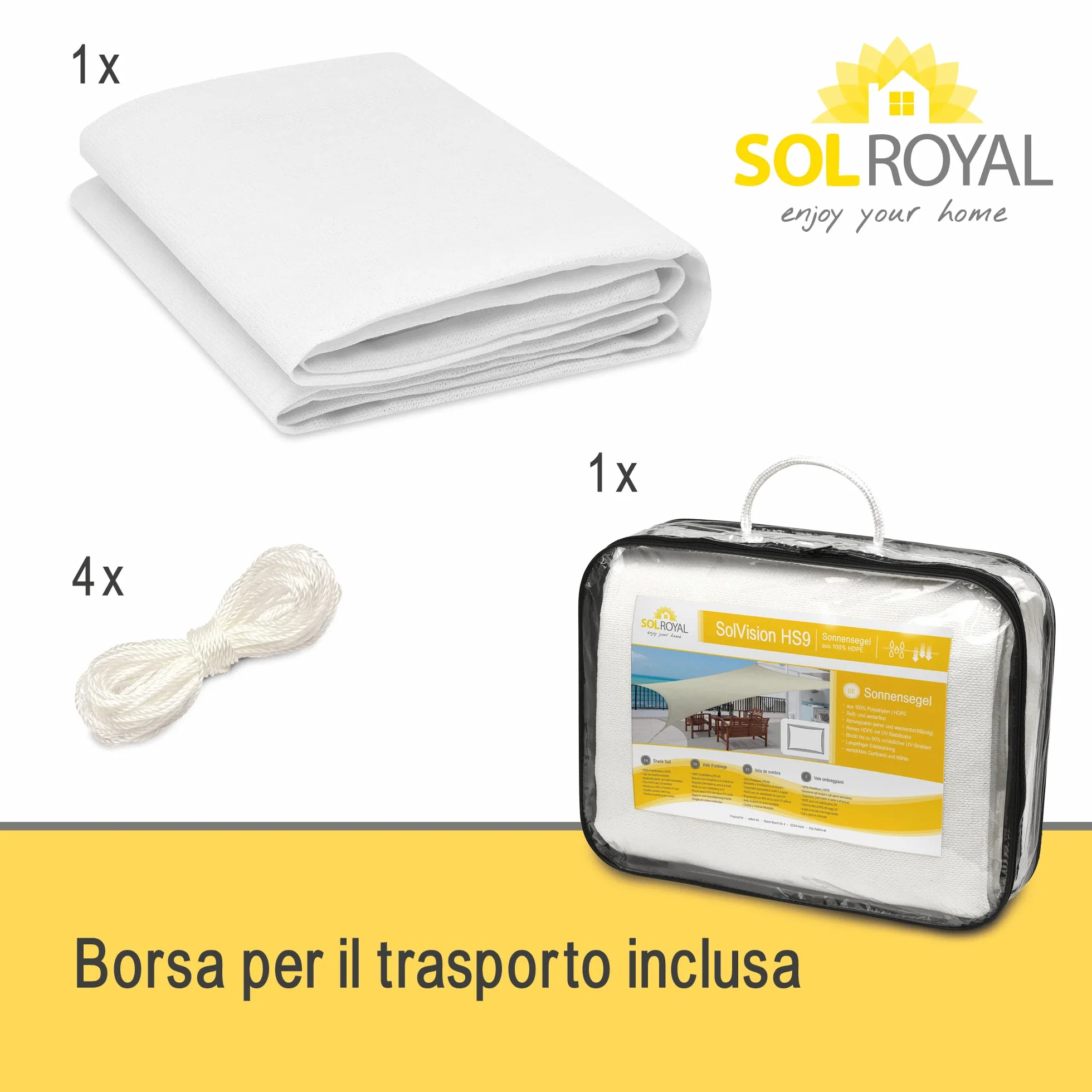 Sol Royal Tenda a Vela Ombreggiante Rettangolare 2x3 m HDPE SolVision HS9 - Vele Parasole da Giardino Traspirante Protezione Parasole e Raggi UV - Tendone Tende Bianco 200x300 cm