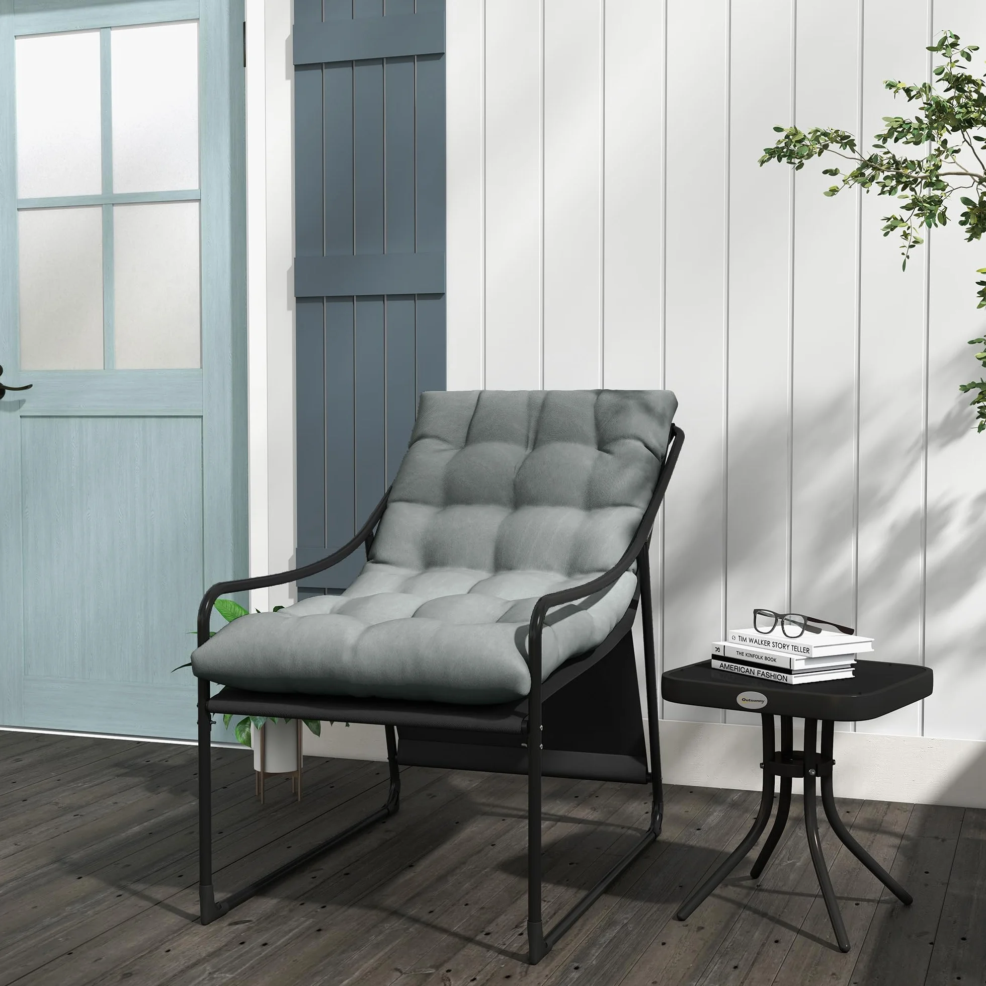 Outsunny Poltrona da Giardino con Cuscino Imbottito in Cotone PP, Poltroncina per Esterno in Acciaio e Poliestere, 62x110x88 cm, Grigia e Nera