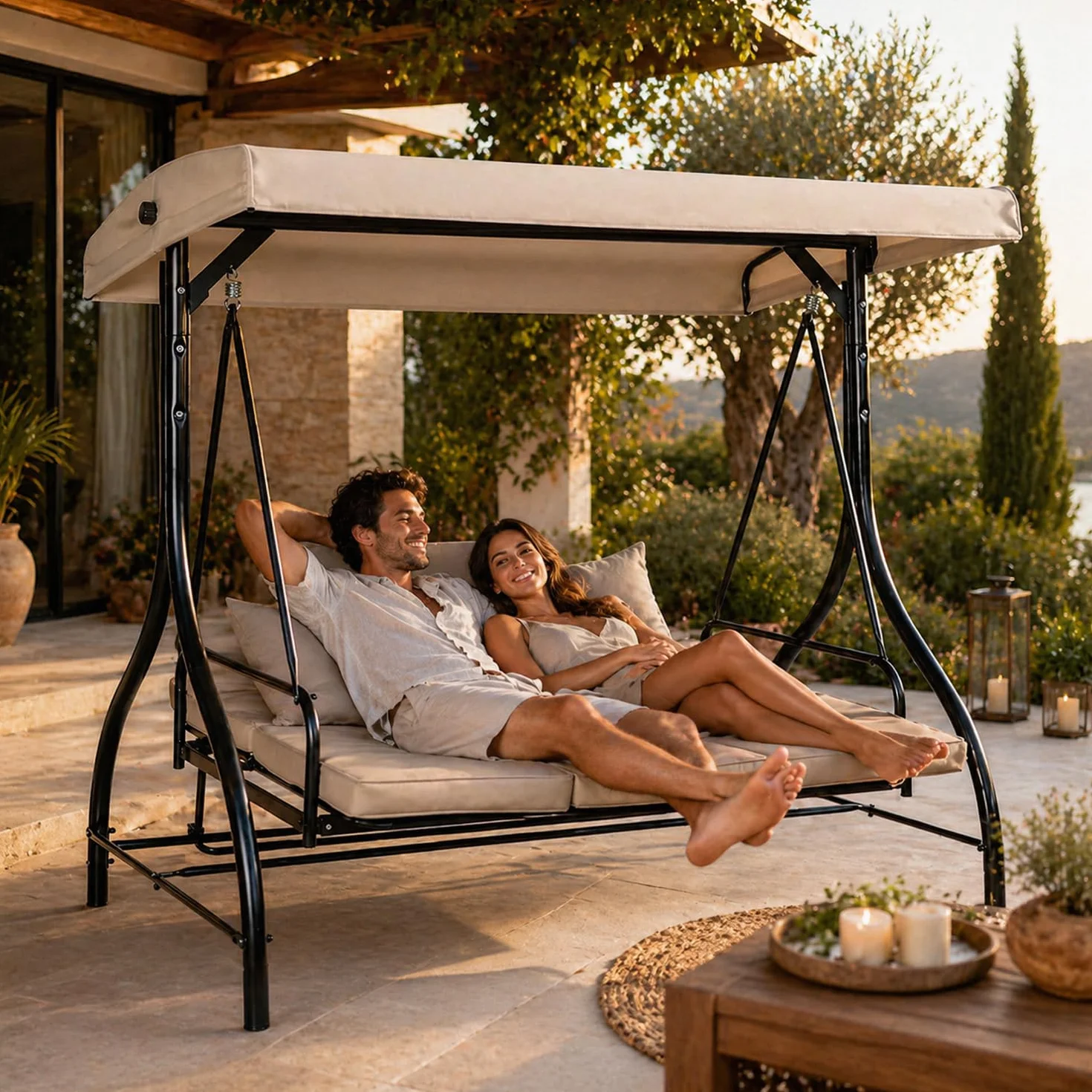 BRICOZONE Dondolo 3 Posti Con Tettuccio Parasole Seduta Reclinabile Trasformabile In Letto Struttura In Acciaio Per Terrazzo Giardino Patio Moderno 195 x 120 x 175 Cm Beige