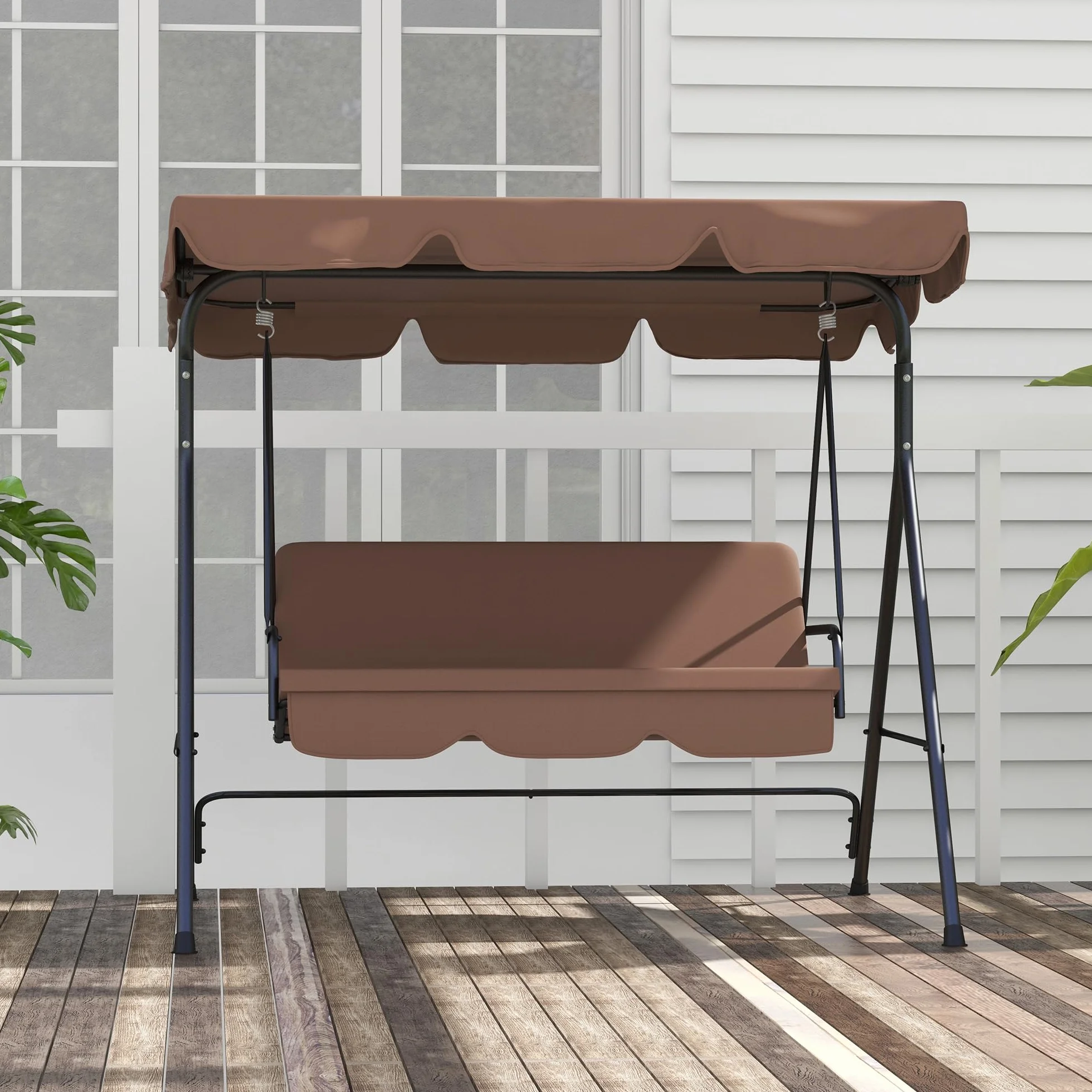 Outsunny Dondolo da Giardino 3 Posti con Tettuccio Parasole Regolabile, Dondolo da Esterno con Seduta Traspirante in Texteline e Metallo, Portata Fino a 240 kg, 172x110x153 cm, Marrone