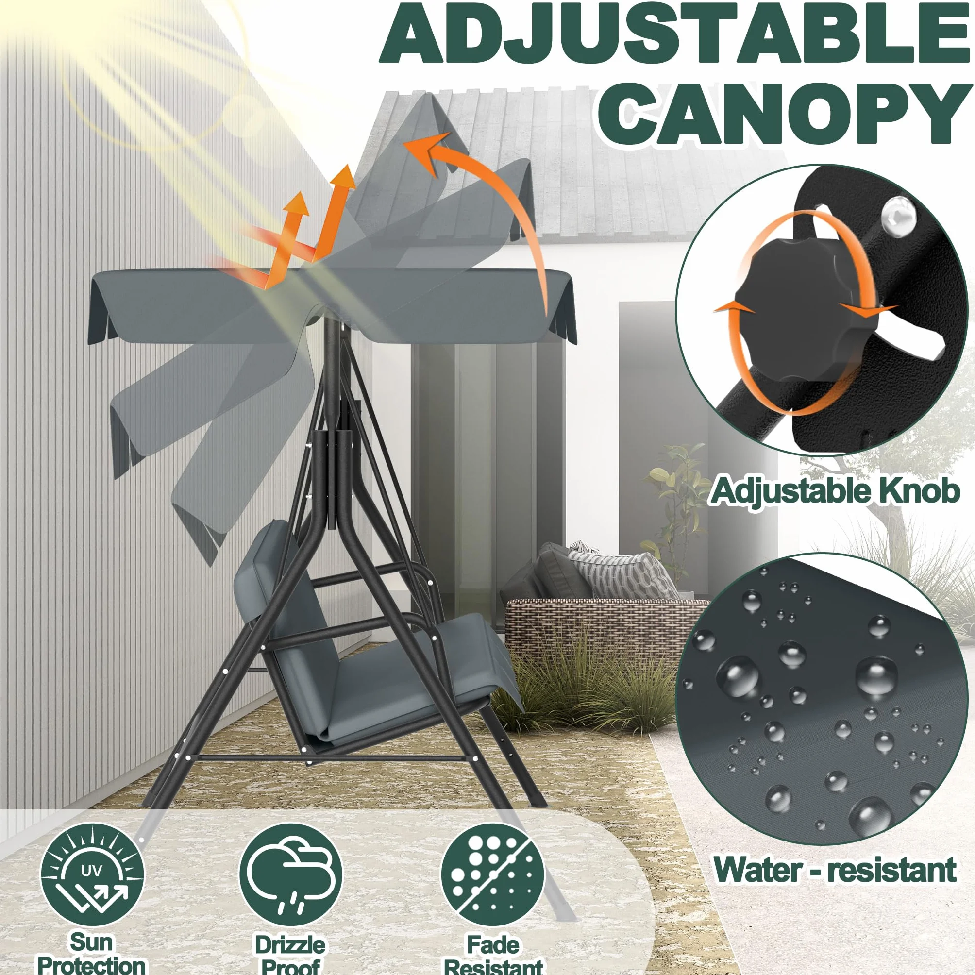 176x110x152cm Dondolo Hollywood con tettuccio parasole & cuscino & telaio in acciaio, panca a dondolo da giardino, 3 posti, portata fino a 200 kg, panca a dondolo da giardino per interni ed