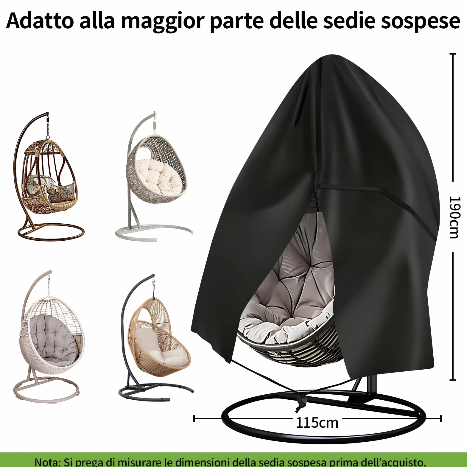 Copertura Sedia Sospesa 420D Oxford Impermeabile e Antivento, Protezione UV per Poltrona Sospesa & Sedia a Uovo con Cerniera e Cordino Regolabile, Telo da Esterno 190×115cm