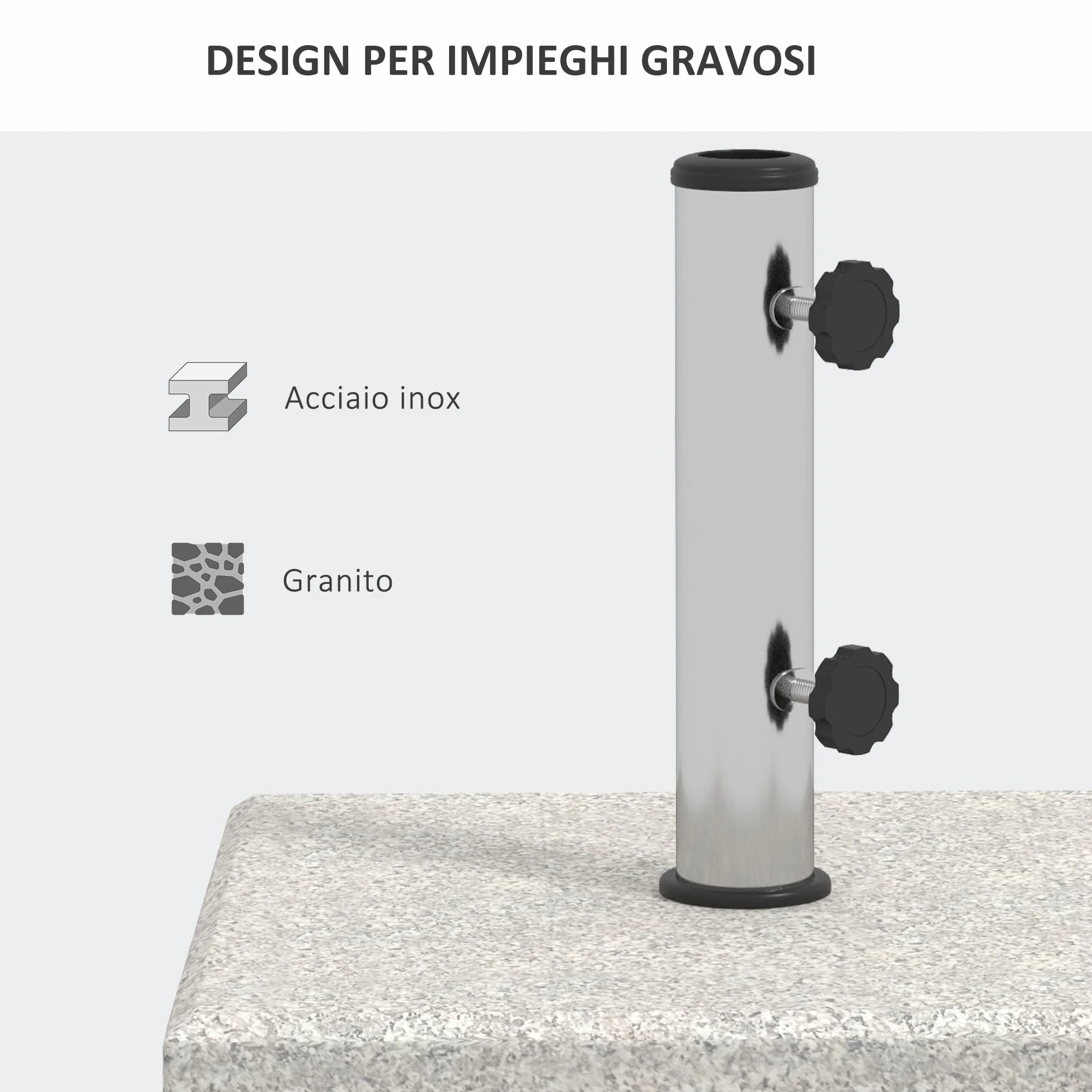 Outsunny Base per Ombrellone da Giardino 25kg per Pali da Ø32mm, Ø38mm e Ø48mm, Base Ombrellone in Granito e Acciaio Inox con Manopole Laterali e Maniglie, 38x38x38 cm, Grigia