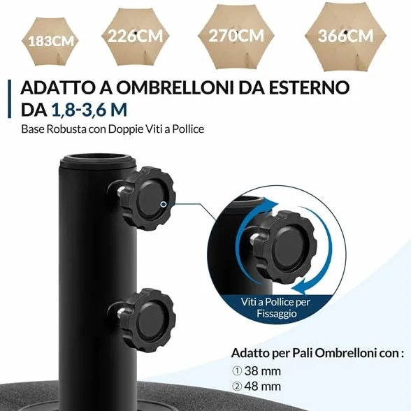 Yaheetech Base per Ombrellone da Giardino con 4 Ruote Riempibile con Sabbia e Acqua 37L in HDPE e Metallo per Pali da Ø38mm e Ø48mm con 2 Manopole Picnic Prato Esterno Nero