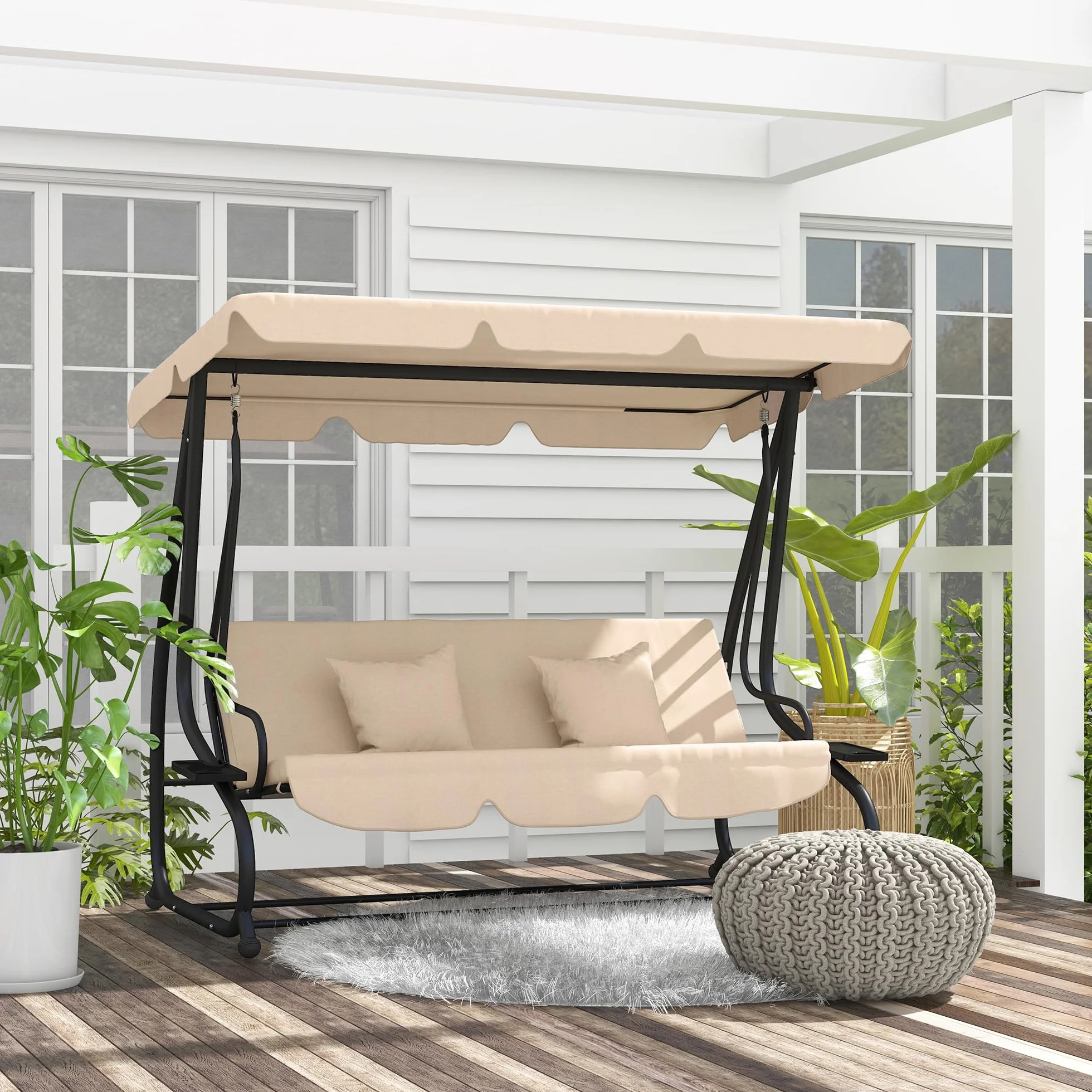 Outsunny Dondolo da Giardino 3 Posti Convertibile in Letto con Tetto Regolabile e Portabicchieri, Dondolo da Esterno in Acciaio e Poliestere, 200x120x164 cm, Marrone Chiaro