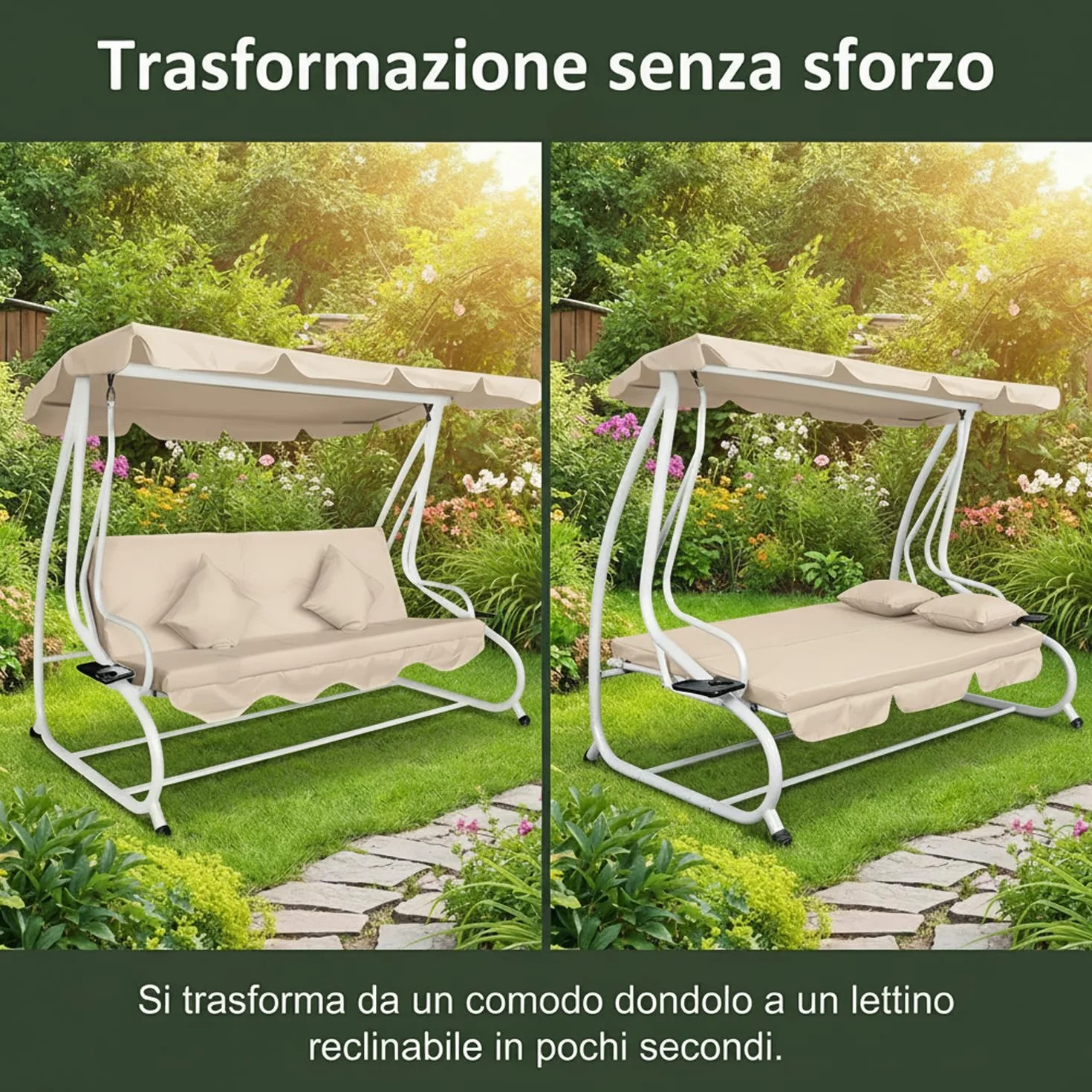 Marvin Dondolo Letto da Giardino 4 Posti Harmony con Tetto Parasole Struttura in Acciaio e Cuscino Imbottito 10 cm Altalena da Esterno Terrazzo (Bianco/Ecrù)