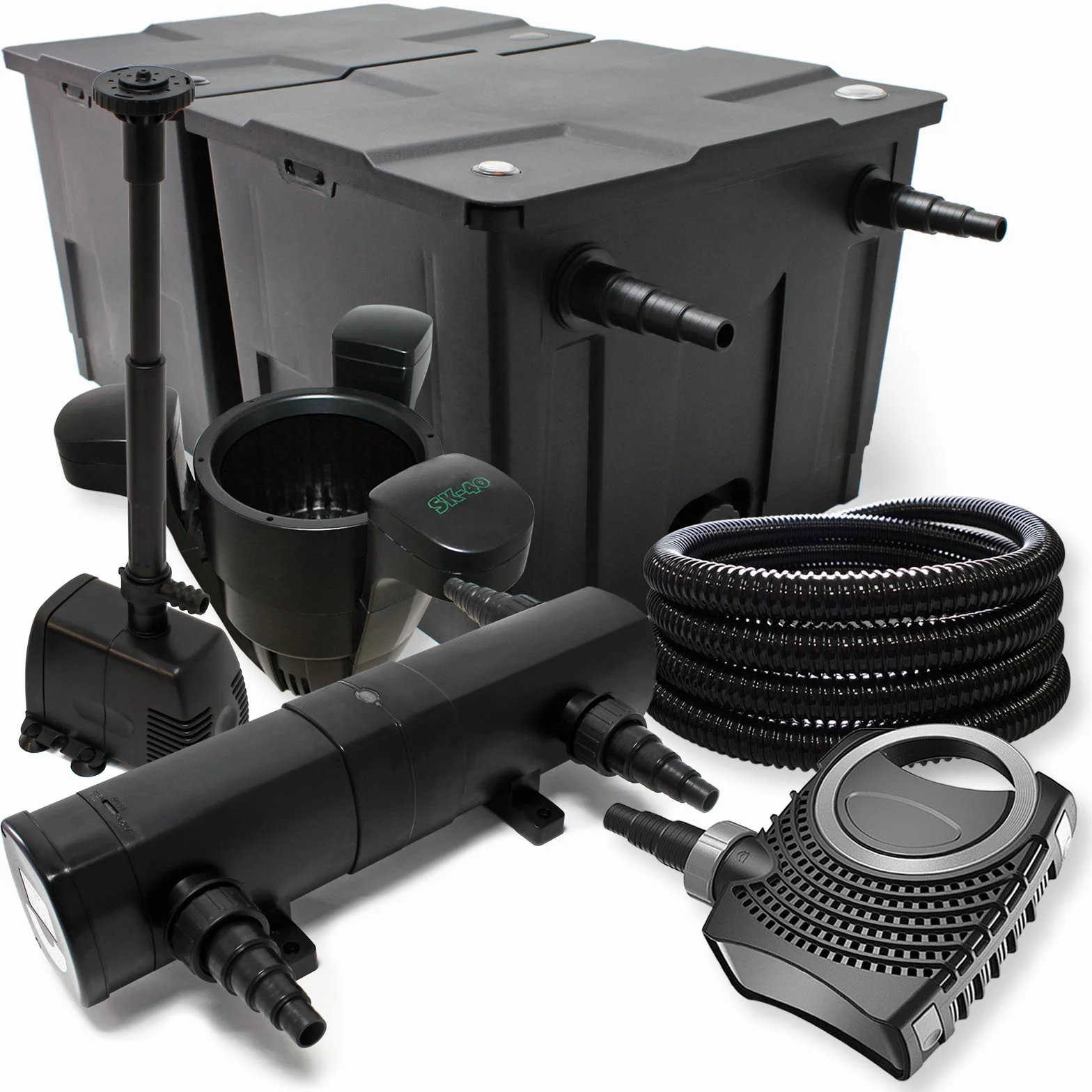 Set filtrante per laghetto da 60.000l con Chiarificatore 24W Pompa 80W Tubo 25m Skimmer